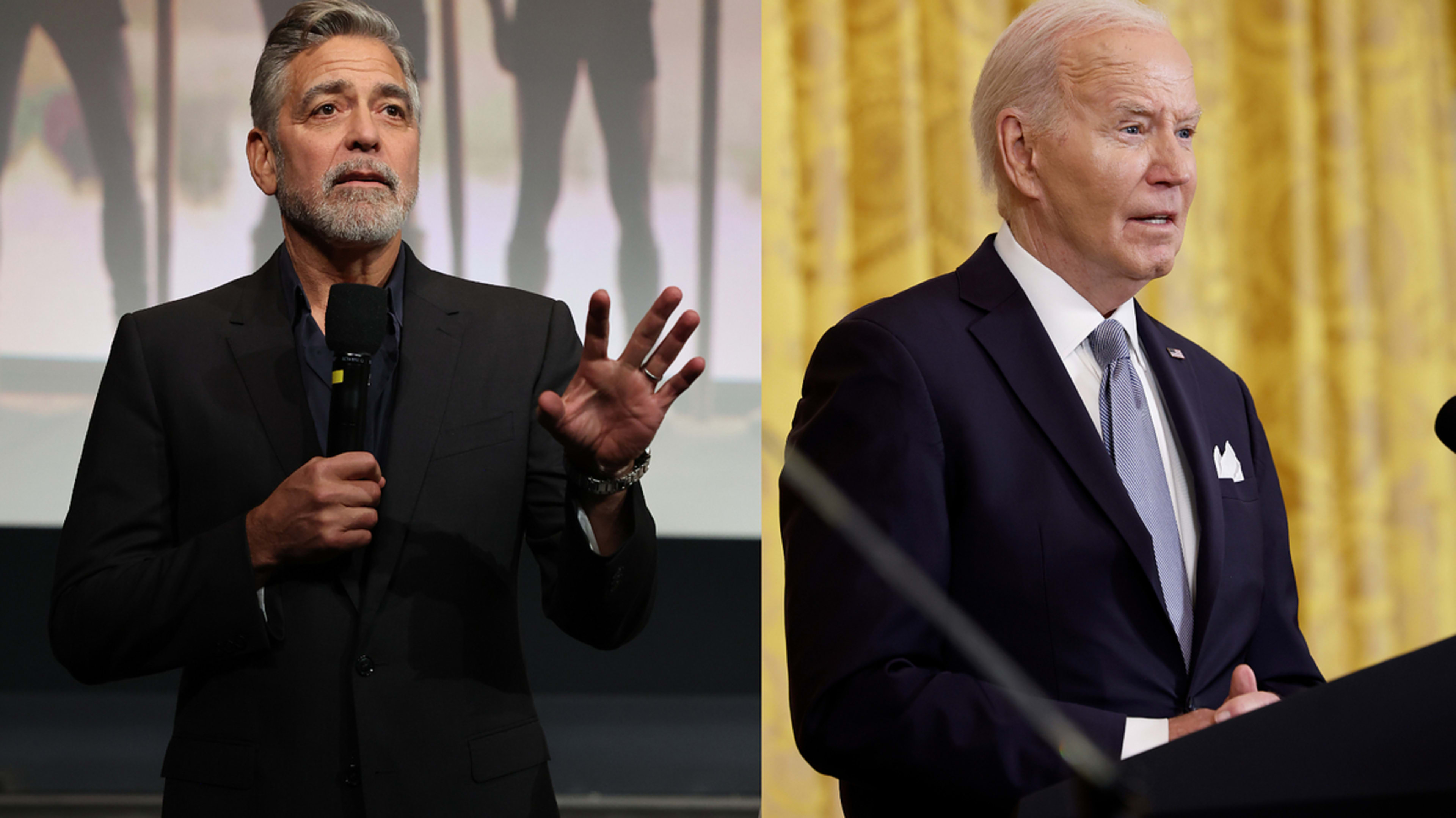 George Clooney and Joe Biden speaking on separate stages, both holding microphones