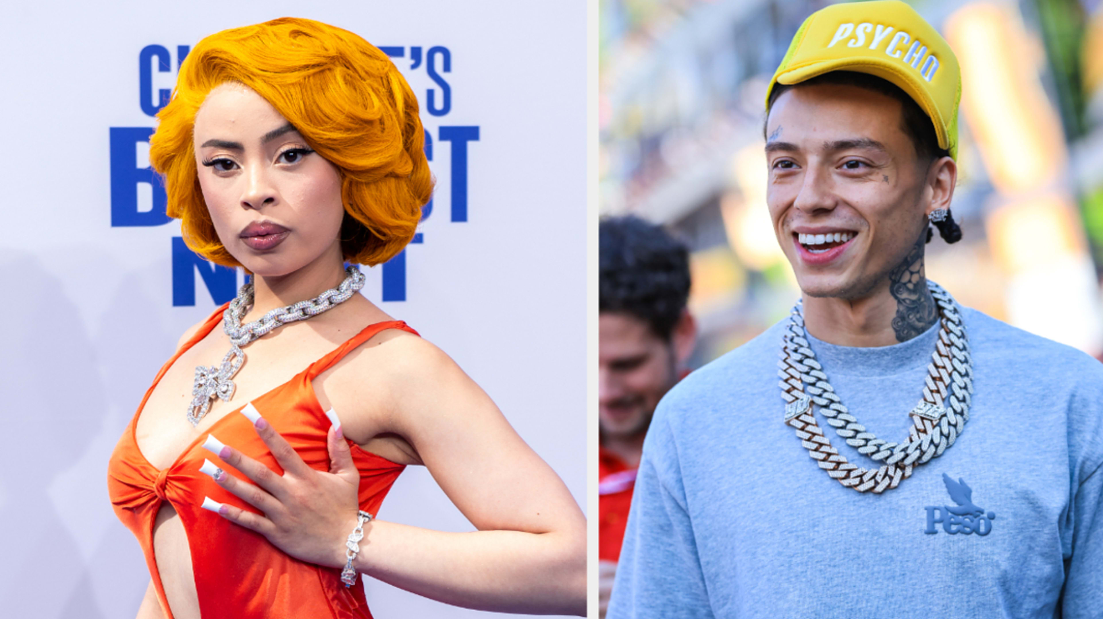 Ice Spice wearing an elegant, fitted dress with jewelry, and Central Cee in a casual outfit with a "Psycho" hat and chains; split image