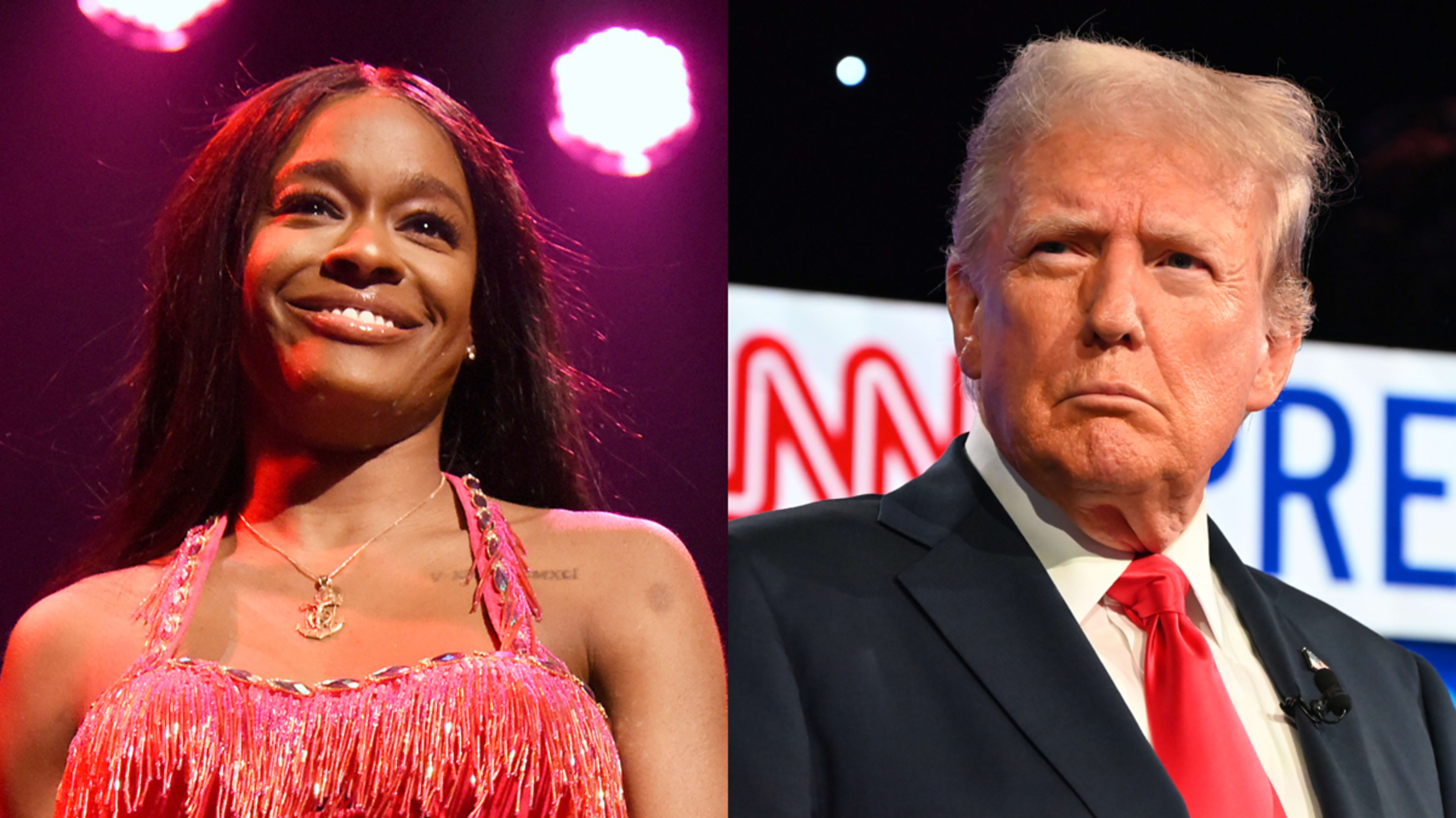 Azealia Banks smiling on stage in a sequined outfit with fringe; Donald Trump looking serious in a suit with a red tie