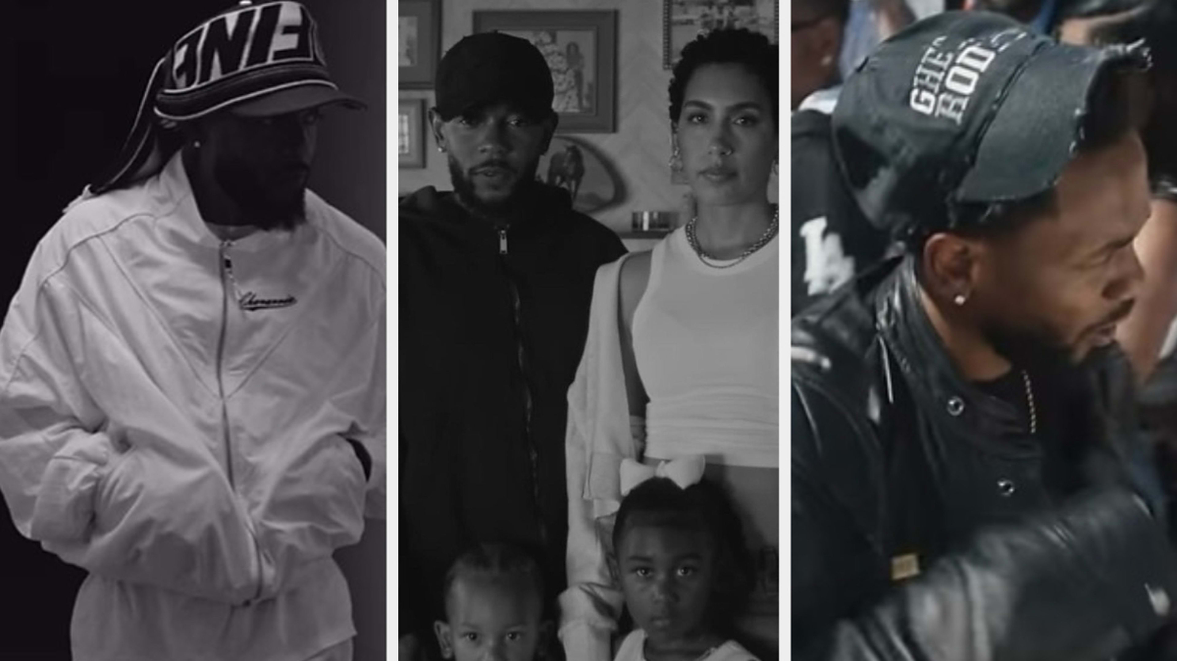 From left to right: Kendrick Lamar in a white jacket, Kendrick Lamar with Whitney Alford and children in casual wear, Kendrick Lamar in a black jacket and hat that says "The Hill."