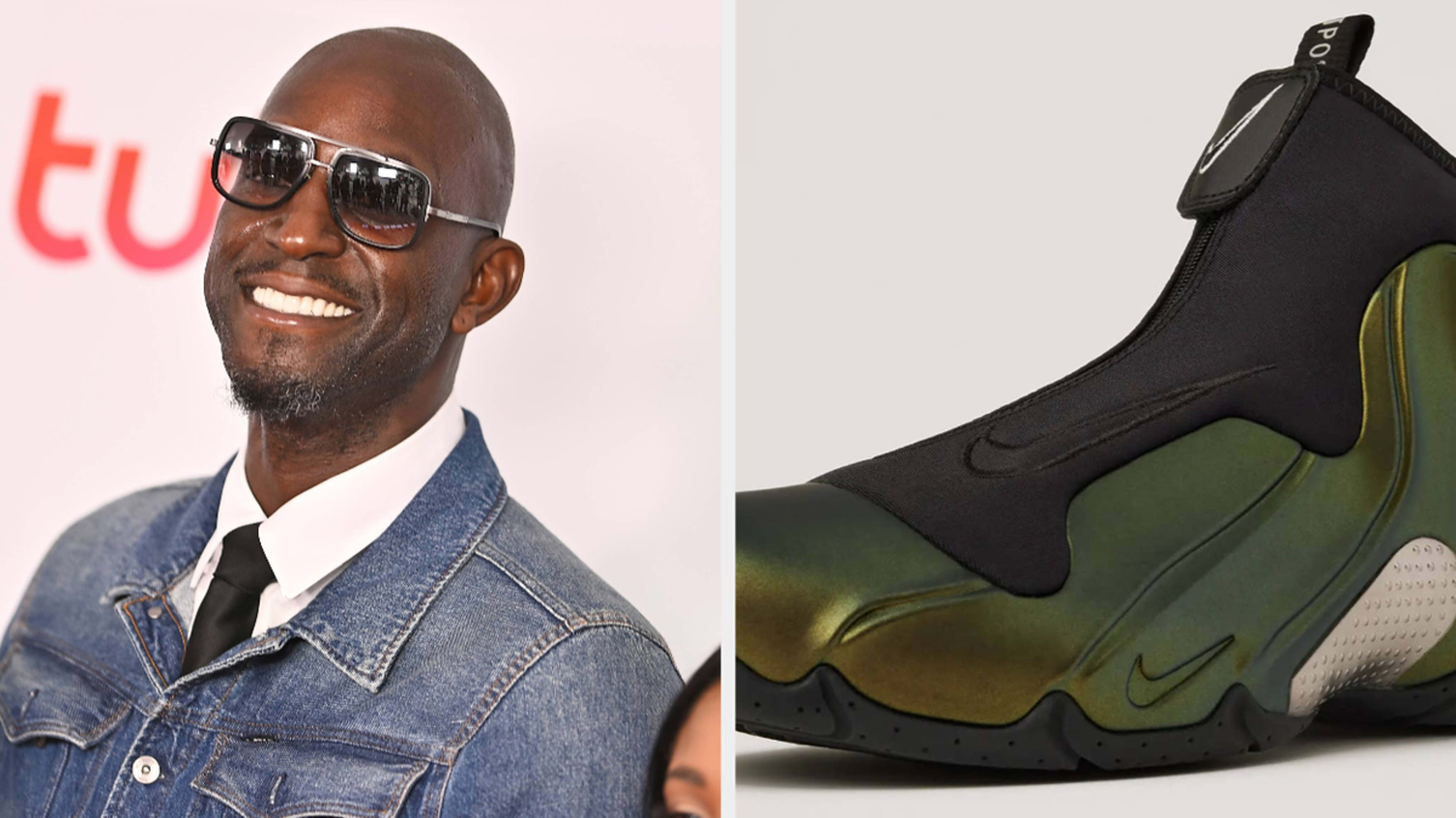 Kevin Garnett, in a denim jacket and black tie, smiles at a red carpet event. Beside him is a close-up of a Nike sneaker