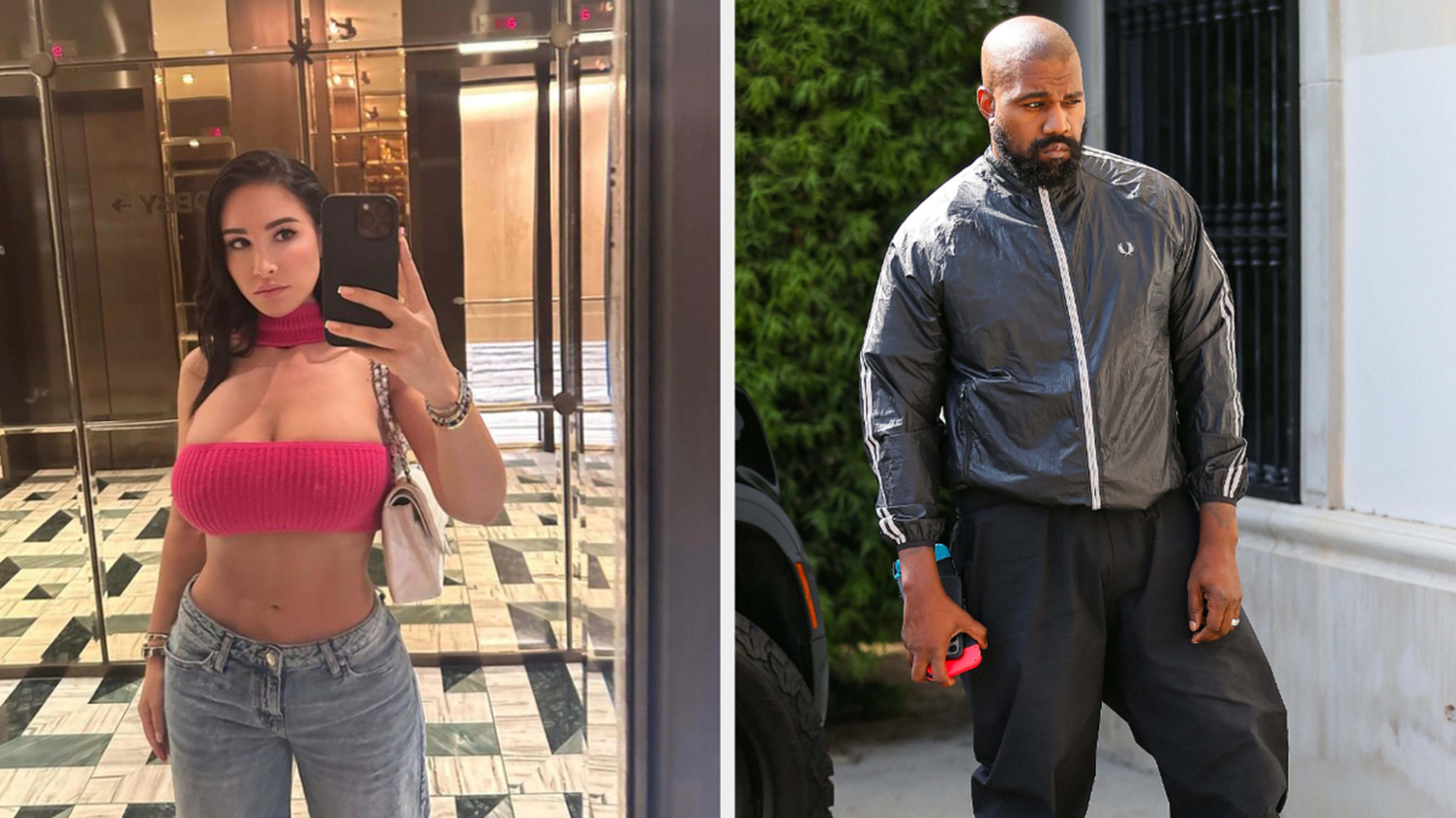 Two individuals in separate images: On the left, a woman in a crop top and jeans takes a mirror selfie; on the right, a man in a jacket and pants holds a red object