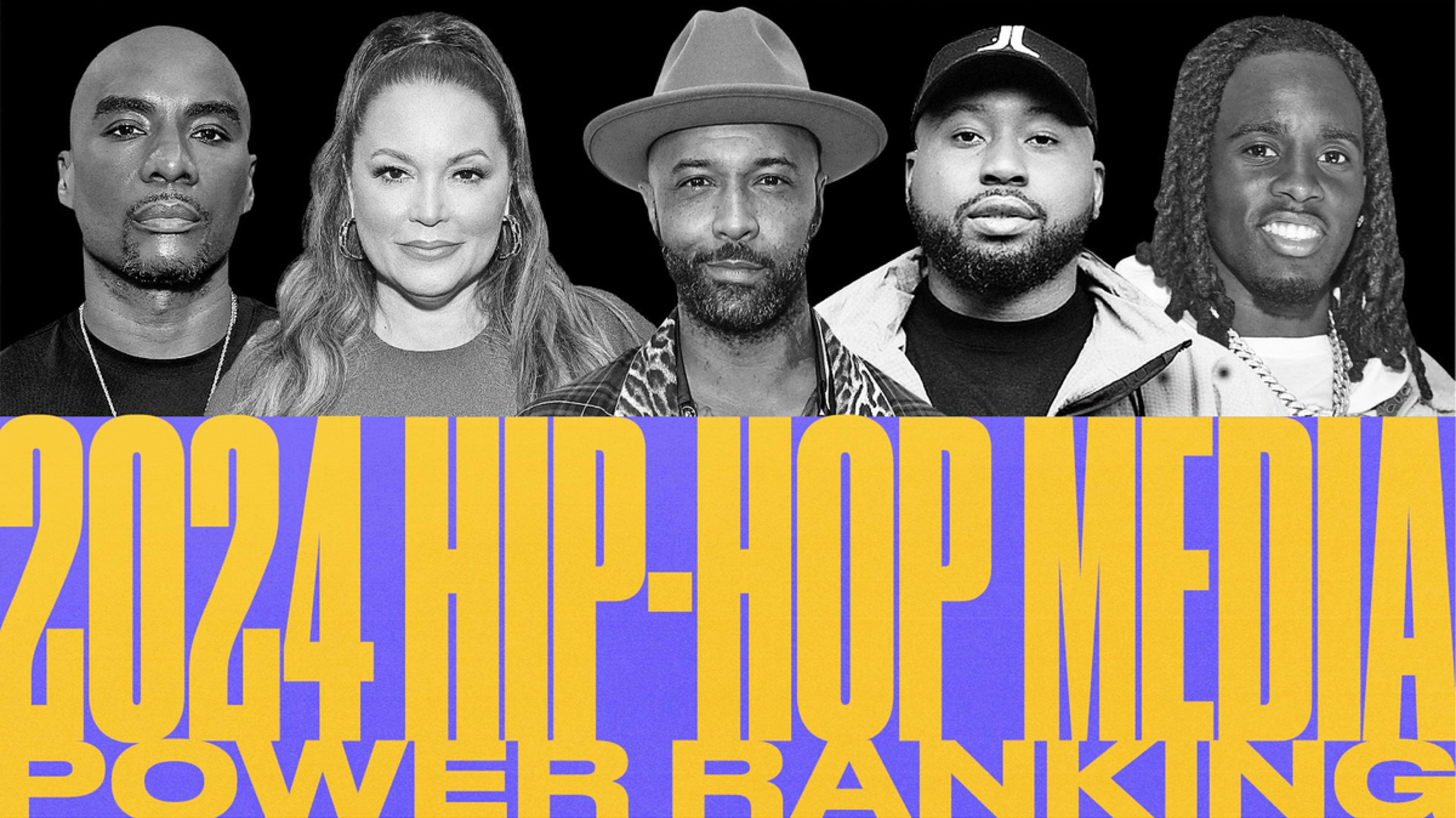 Charlamagne Tha God, Angie Martinez, Joe Budden, DJ Akademiks, and Kai Cenat featured in "2024 Hip-Hop Media Power Ranking" banner