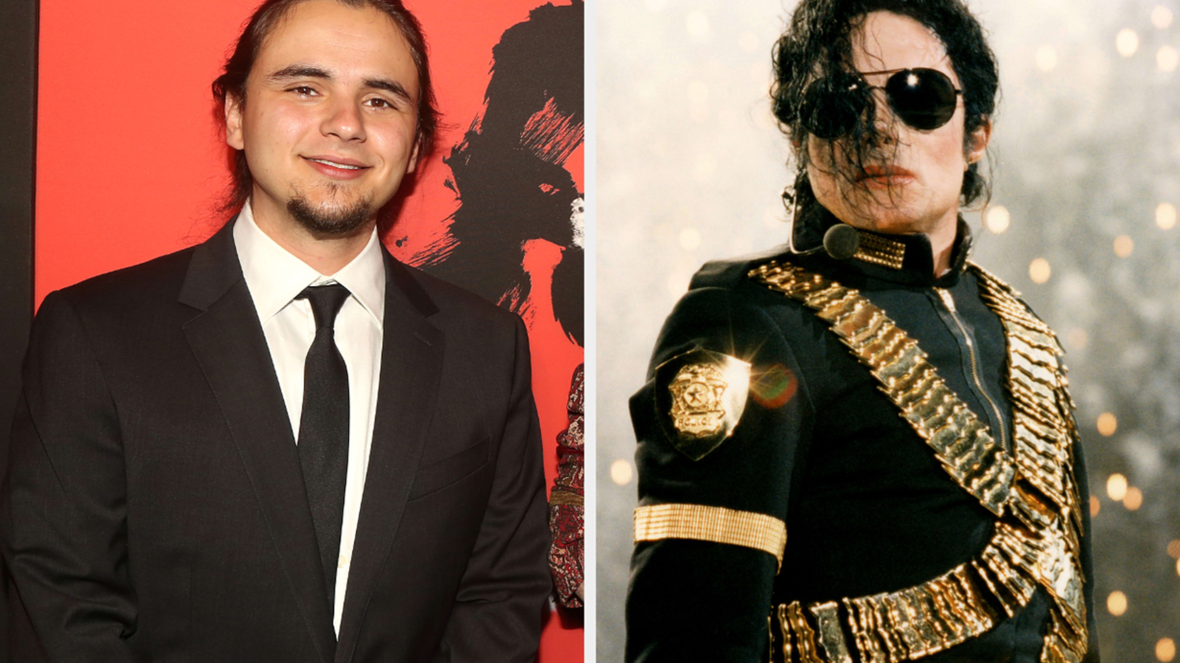 Prince Jackson in a black suit and tie on the left, Michael Jackson in a military-style outfit with gold accents on the right