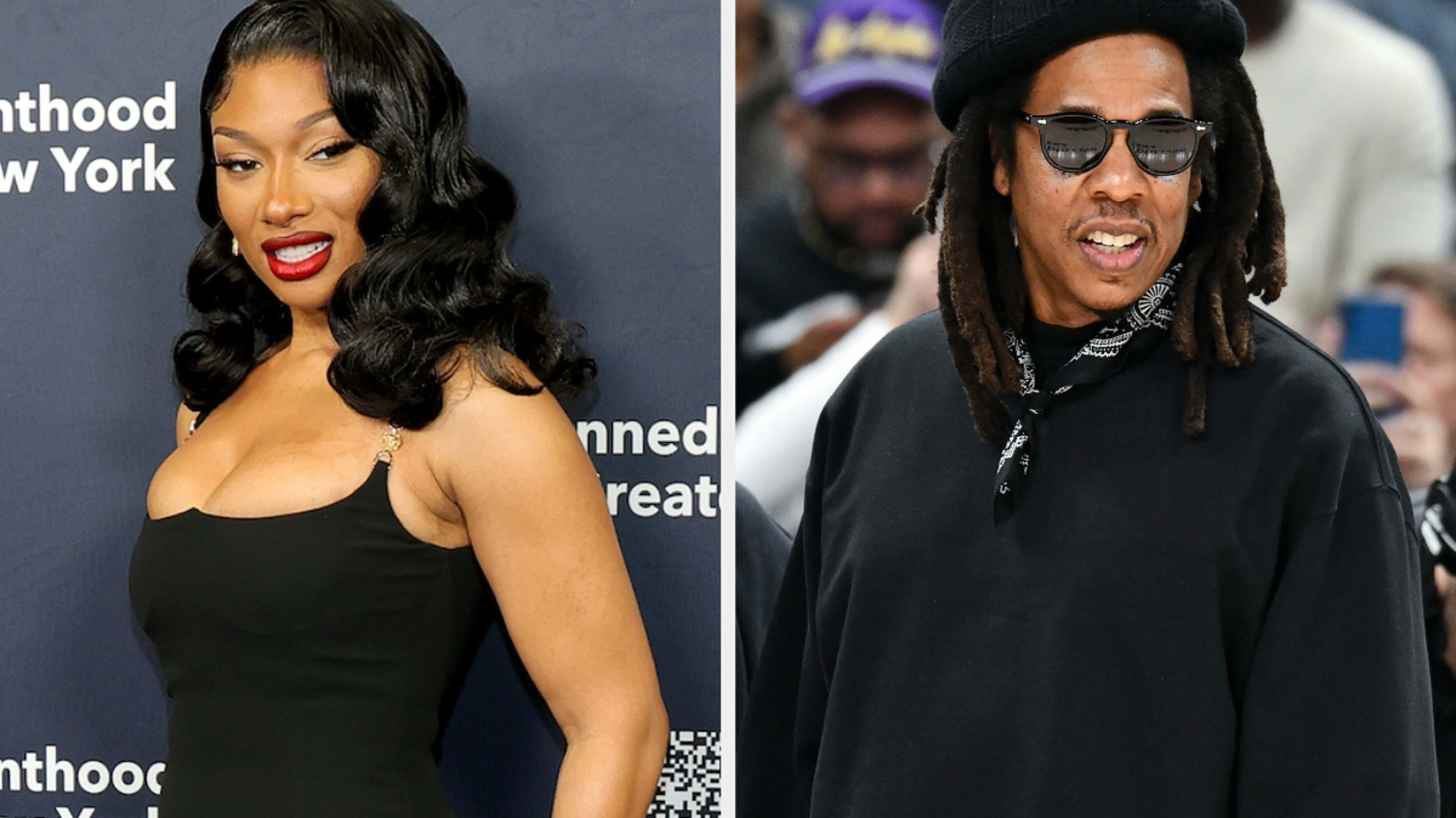 Megan Thee Stallion in a sleeveless dress smiles at the camera; Jay-Z in casual wear and sunglasses is at a public event