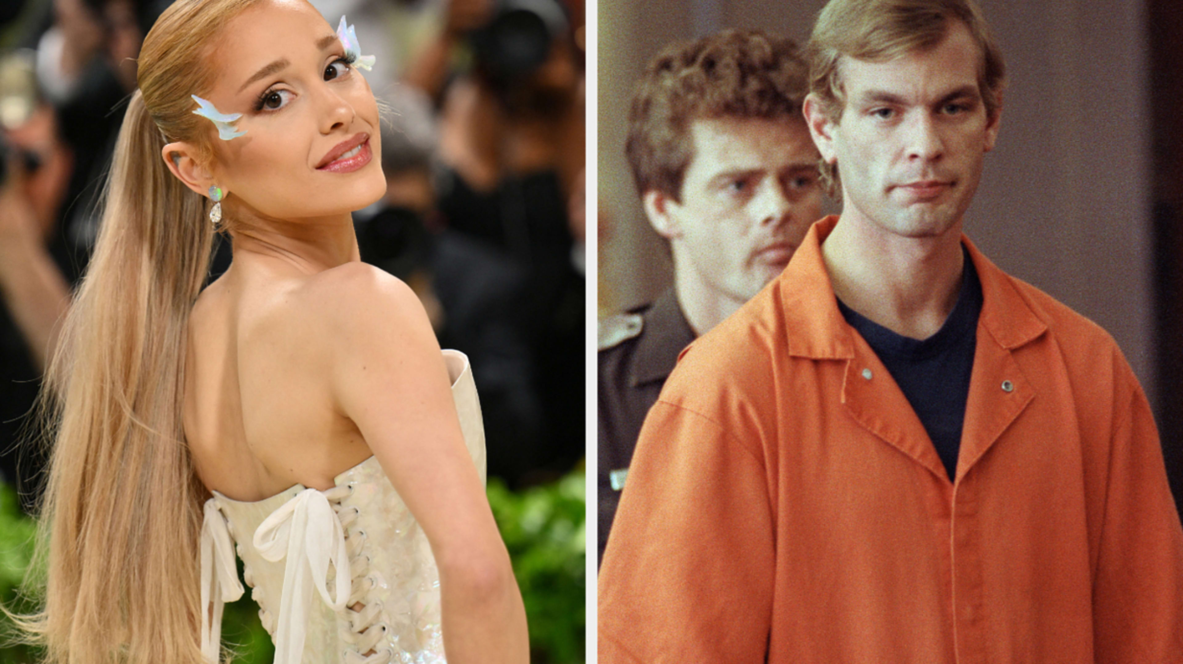 Ariana Grande in an elegant, strapless dress with long hair and white hair decorations on the left; an actor portraying Jeffrey Dahmer in an orange prison jumpsuit on the right