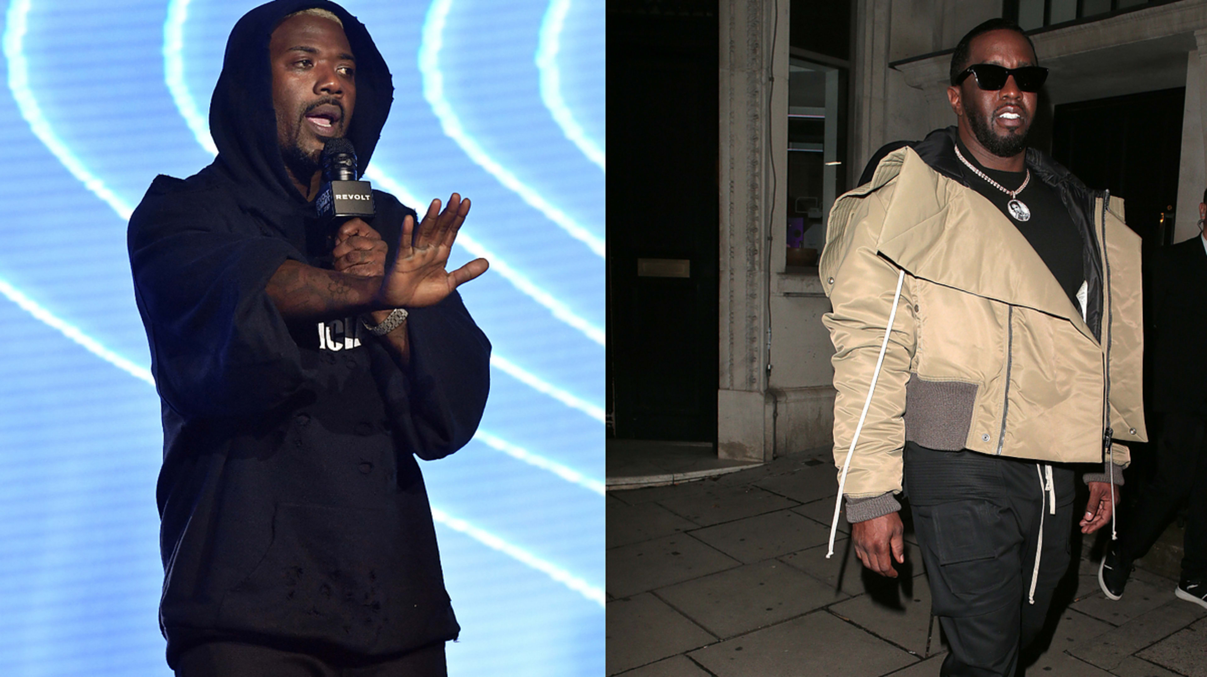 Ray J speaking on stage in a black hoodie; Diddy wearing a stylish jacket and sunglasses outdoors at night