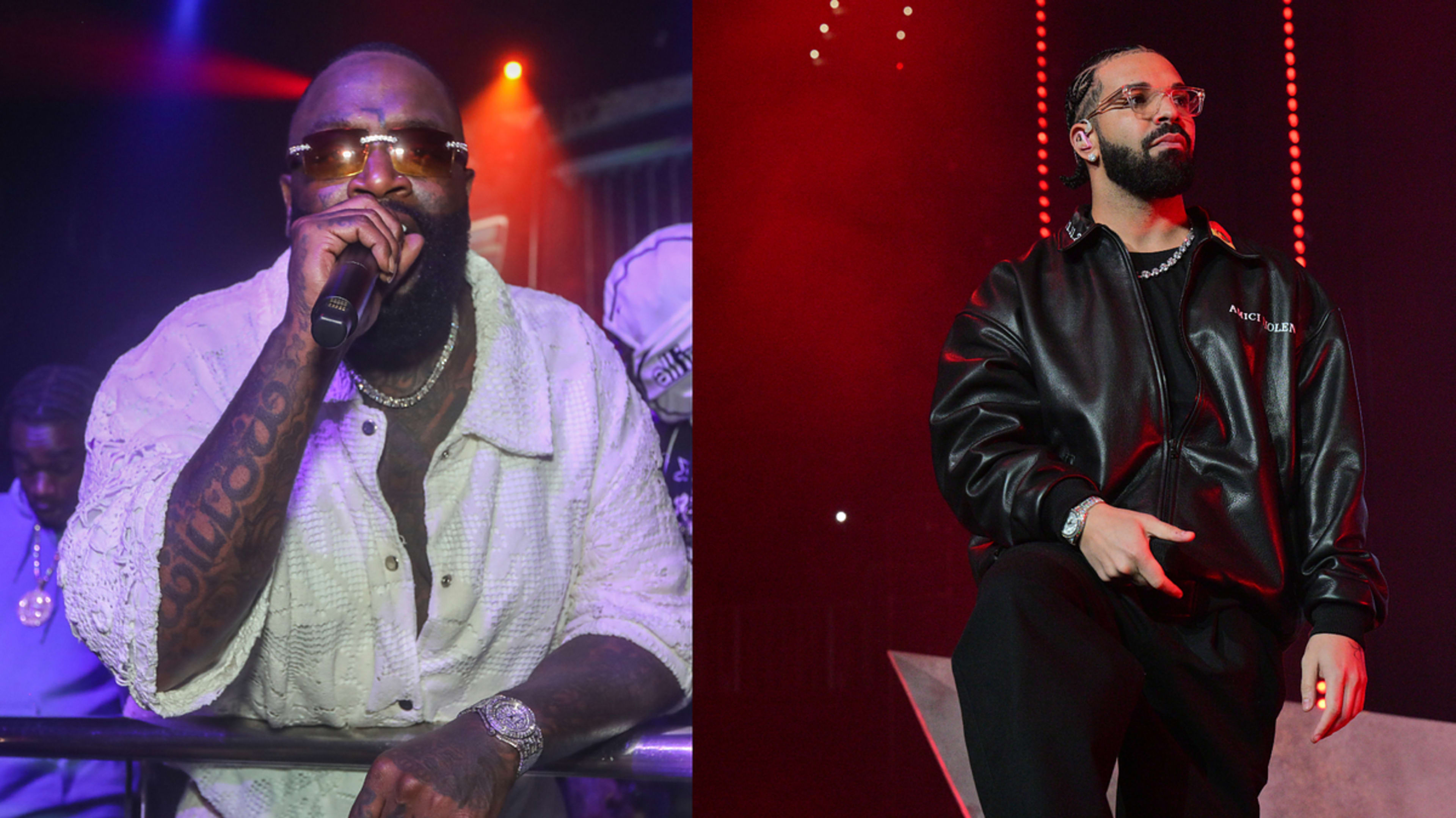 Rick Ross and Drake performing on stage. Rick Ross wears an open white shirt with sunglasses, while Drake is in a black leather jacket and sunglasses