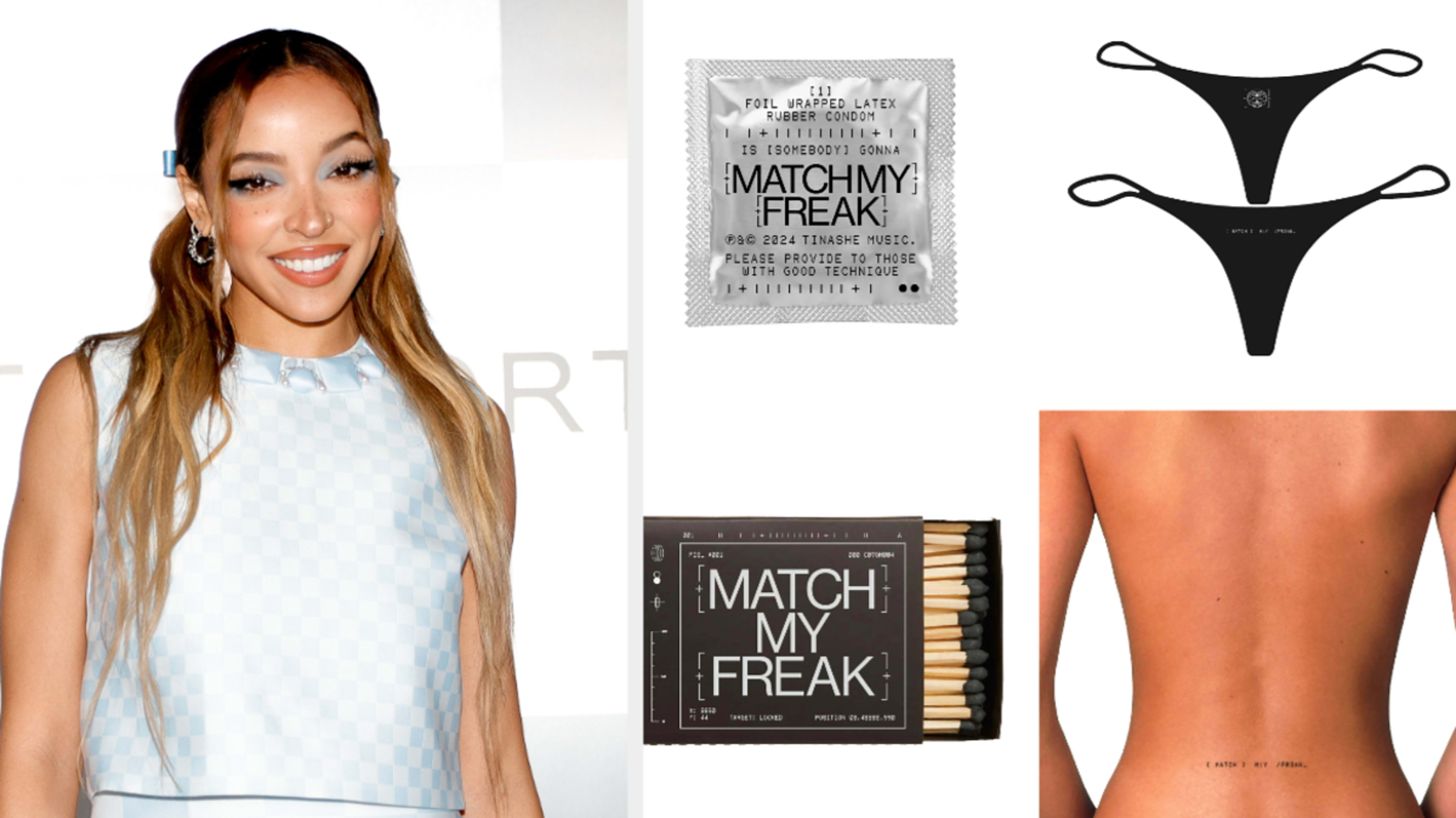 Tinashe poses next to "Match My Freak" products, featuring designed intimate accessories and product packaging