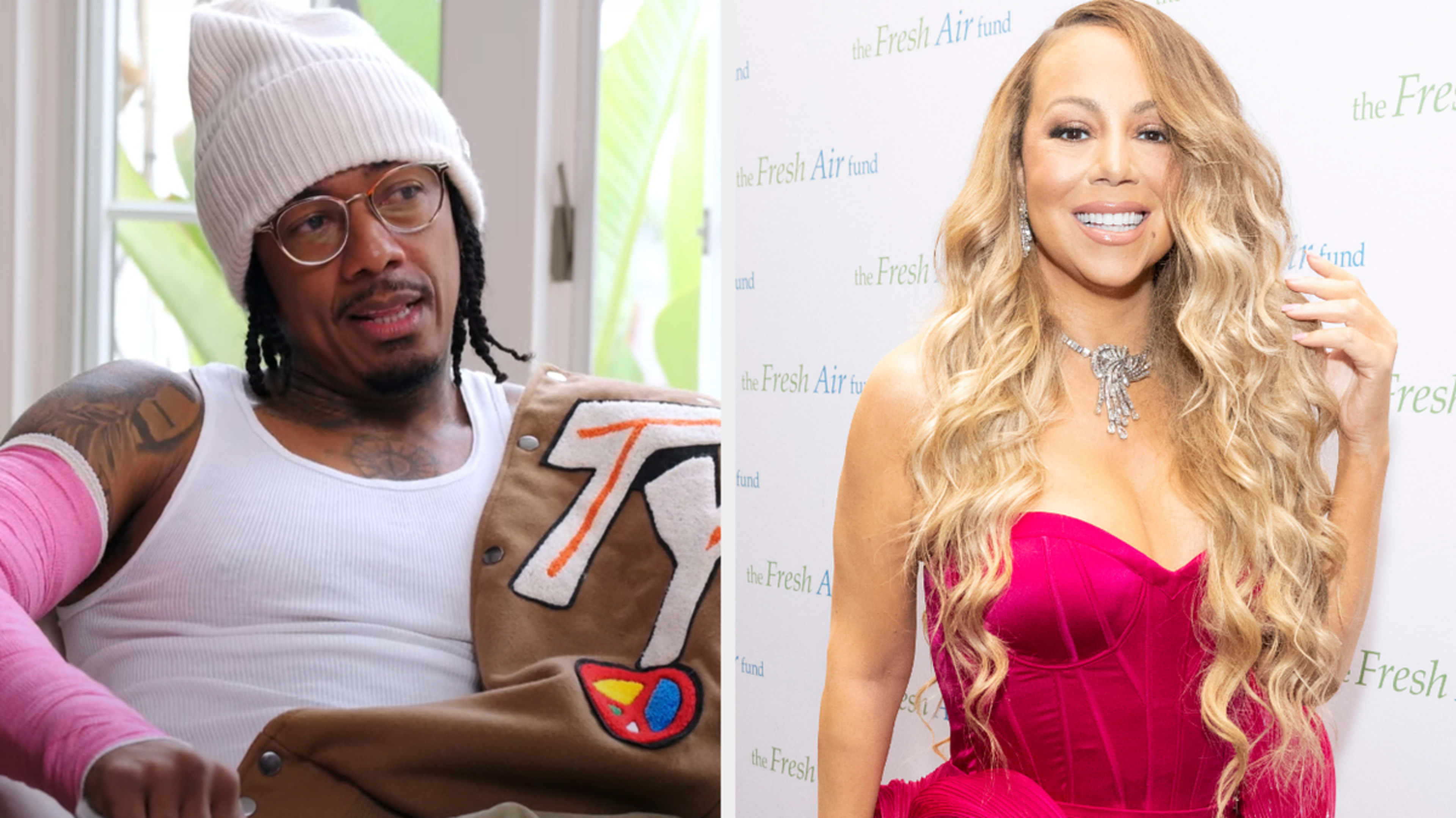 Nick Cannon sitting and wearing a white tank top, beanie, and colorful jacket. Mariah Carey posing in a strapless red dress at a Fresh Air Fund event