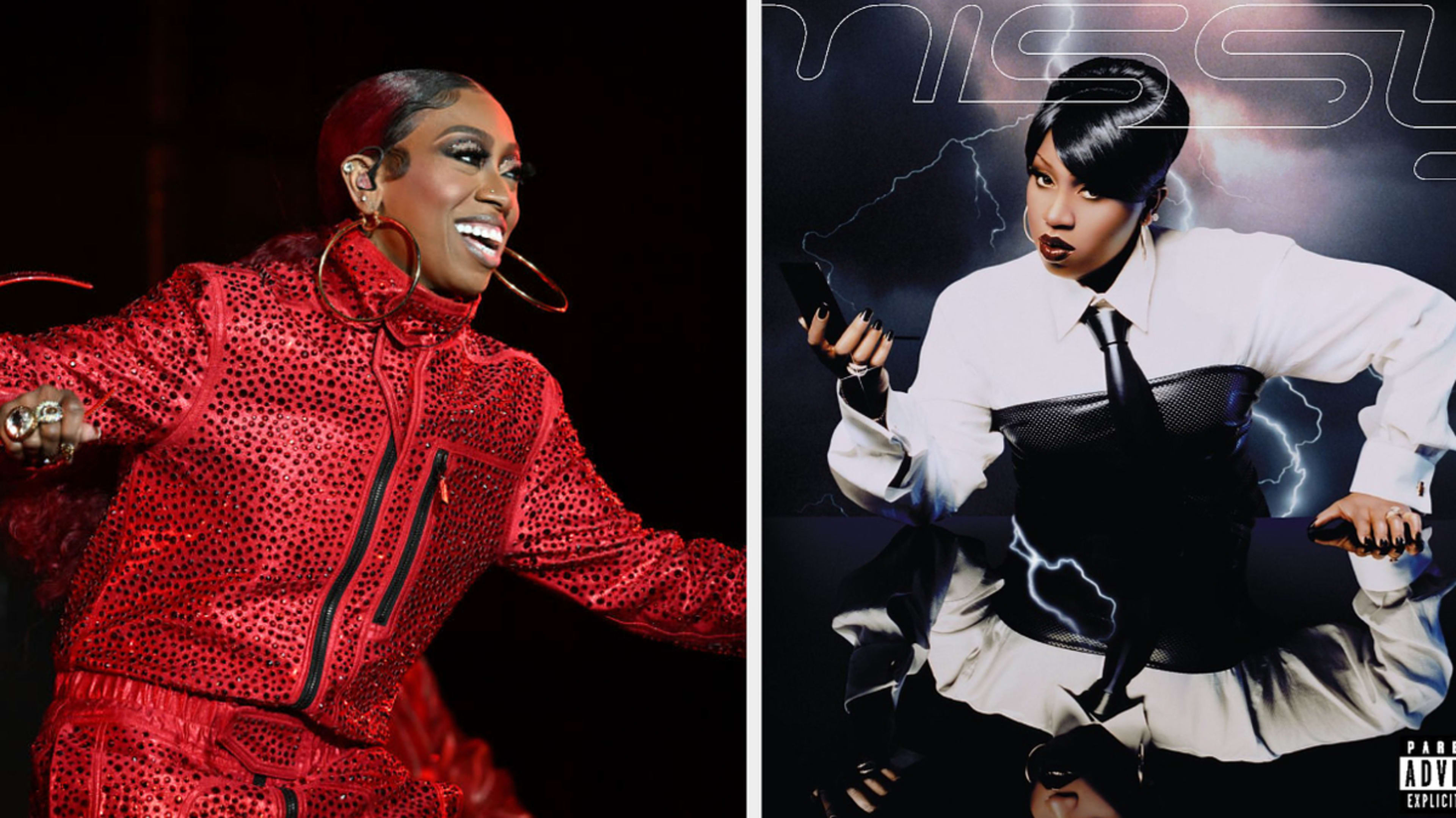 Missy Elliott performing in a studded outfit on the left; "Da Real World" album cover with her in a black and white ensemble holding a microphone on the right