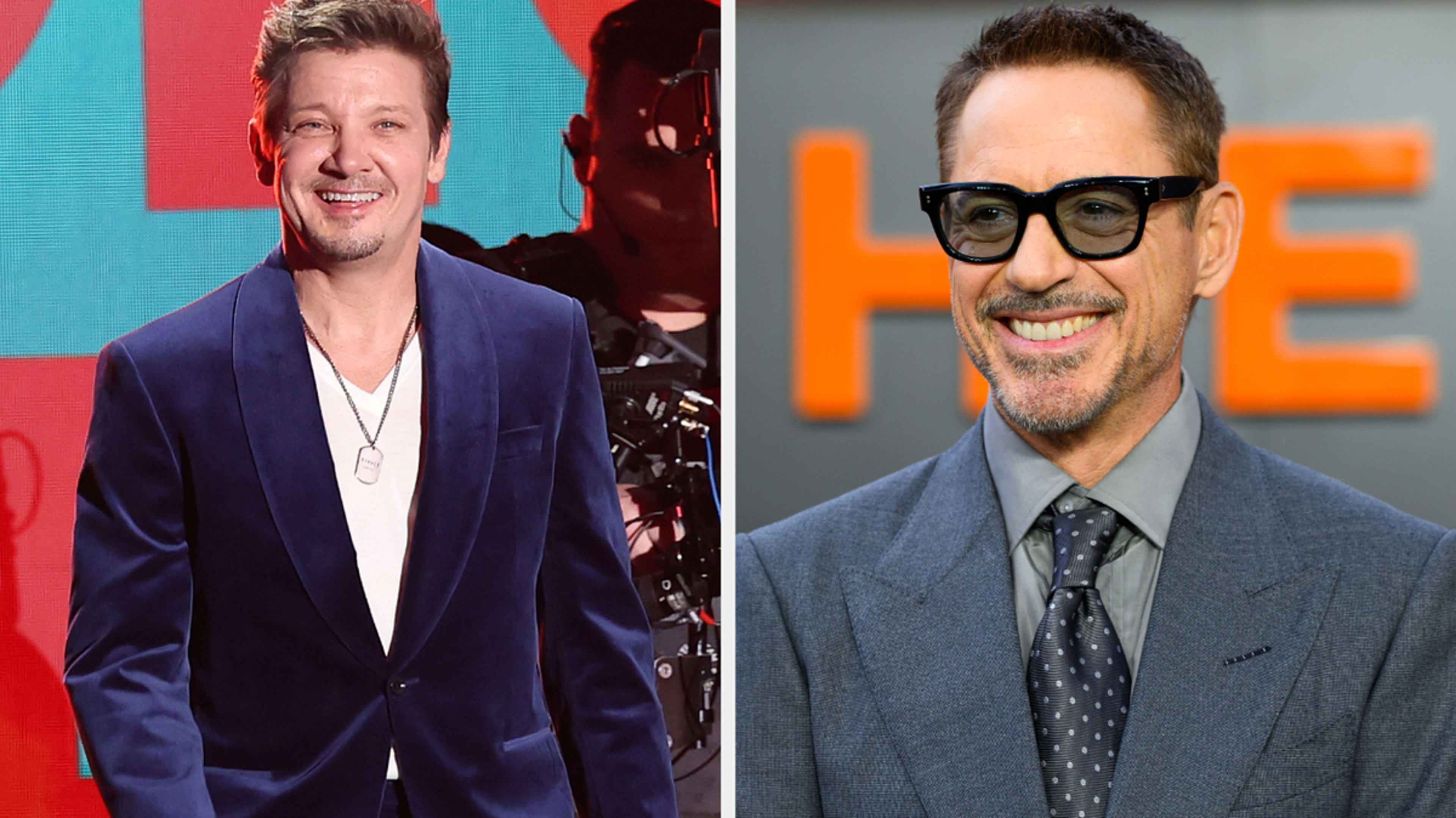 Jeremy Renner wearing a velvet suit jacket and white shirt, and Robert Downey Jr. in a grey suit with sunglasses, both attending separate events