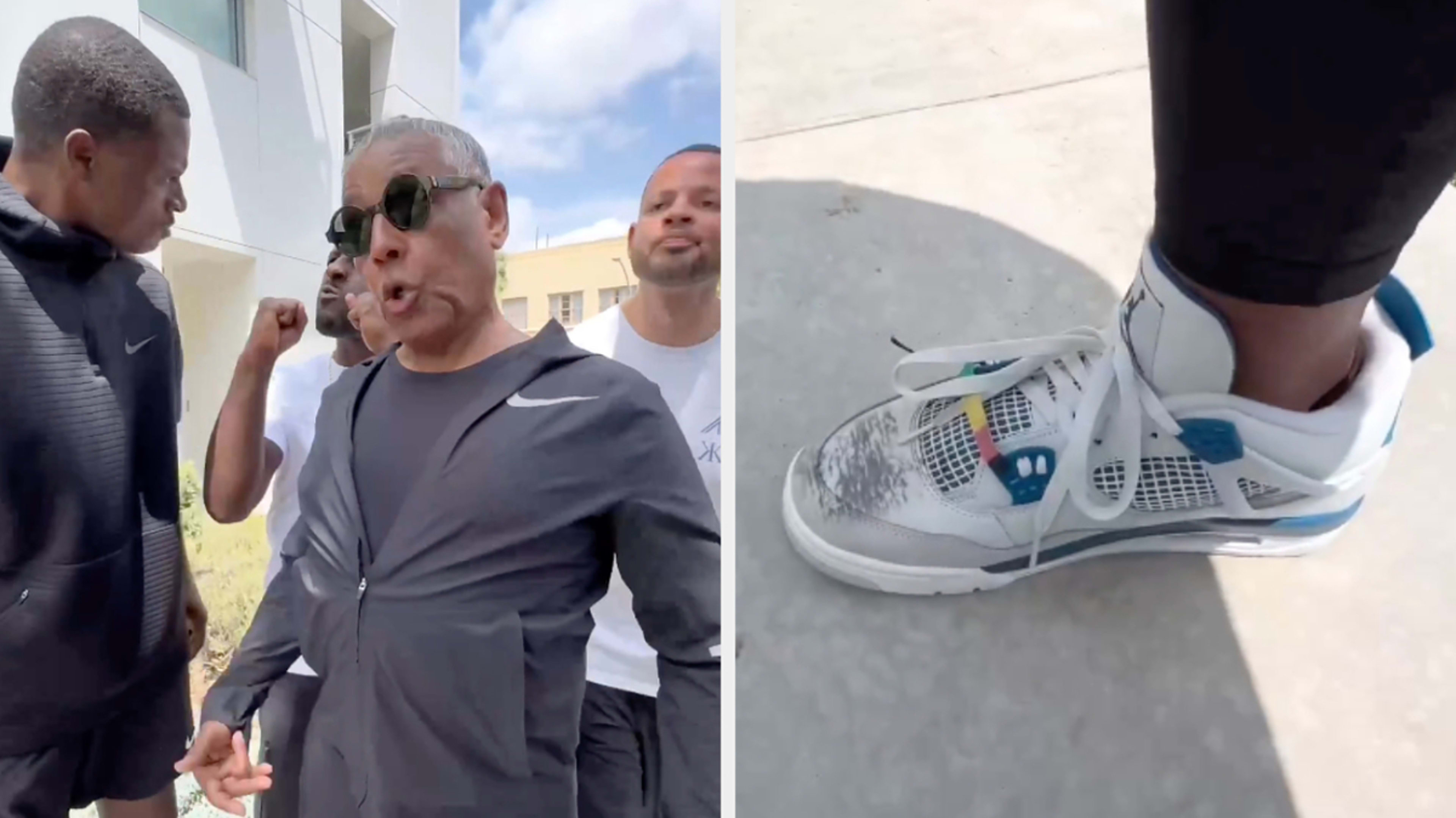 Several people interact outside; one man wears sunglasses and a dark jacket. Close-up of a stylish sneaker with colorful details on the right