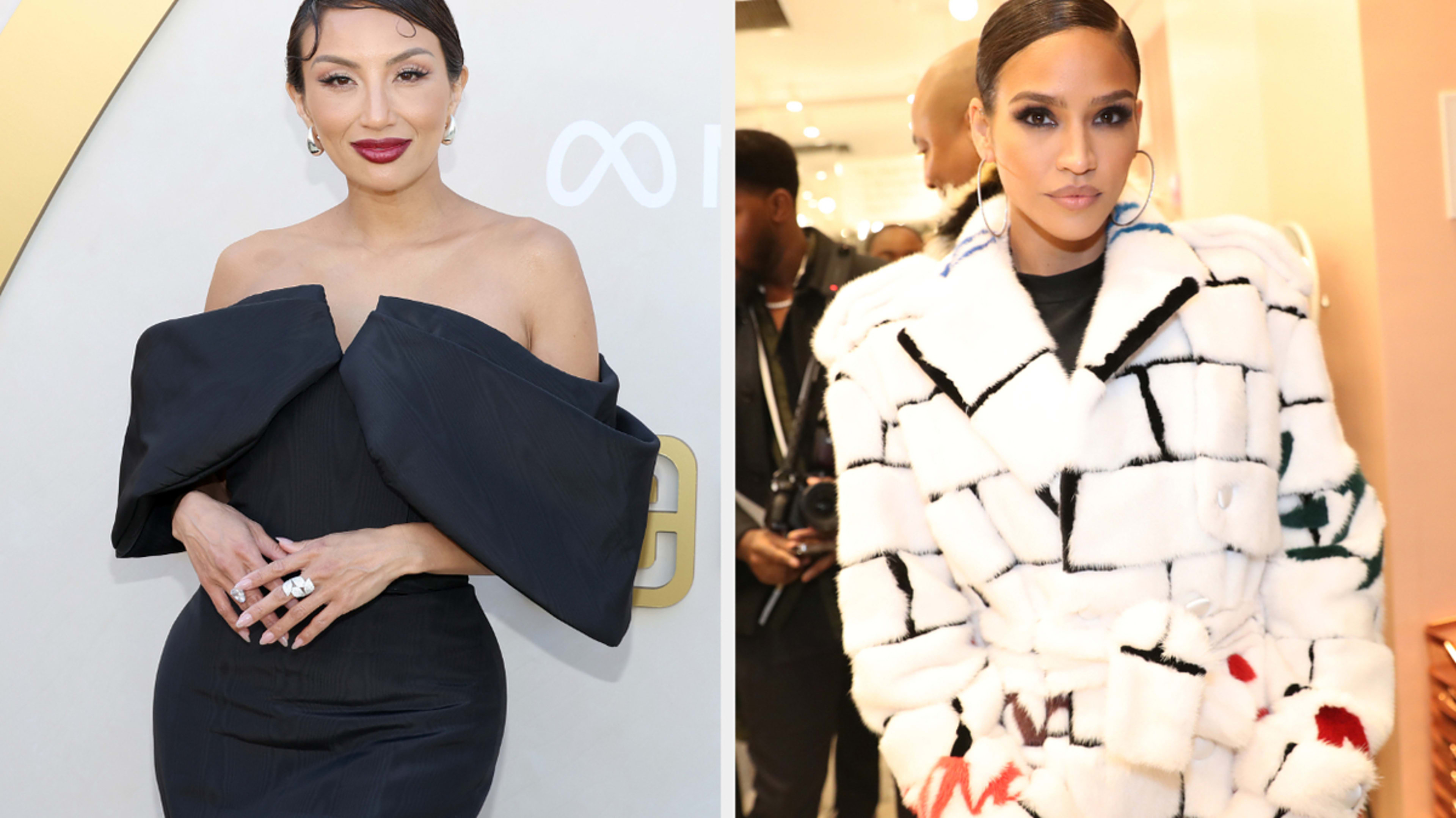 Jeannie Mai in an off-shoulder black gown on the left; Cassie Ventura in a white patterned coat on the right. Both at separate events