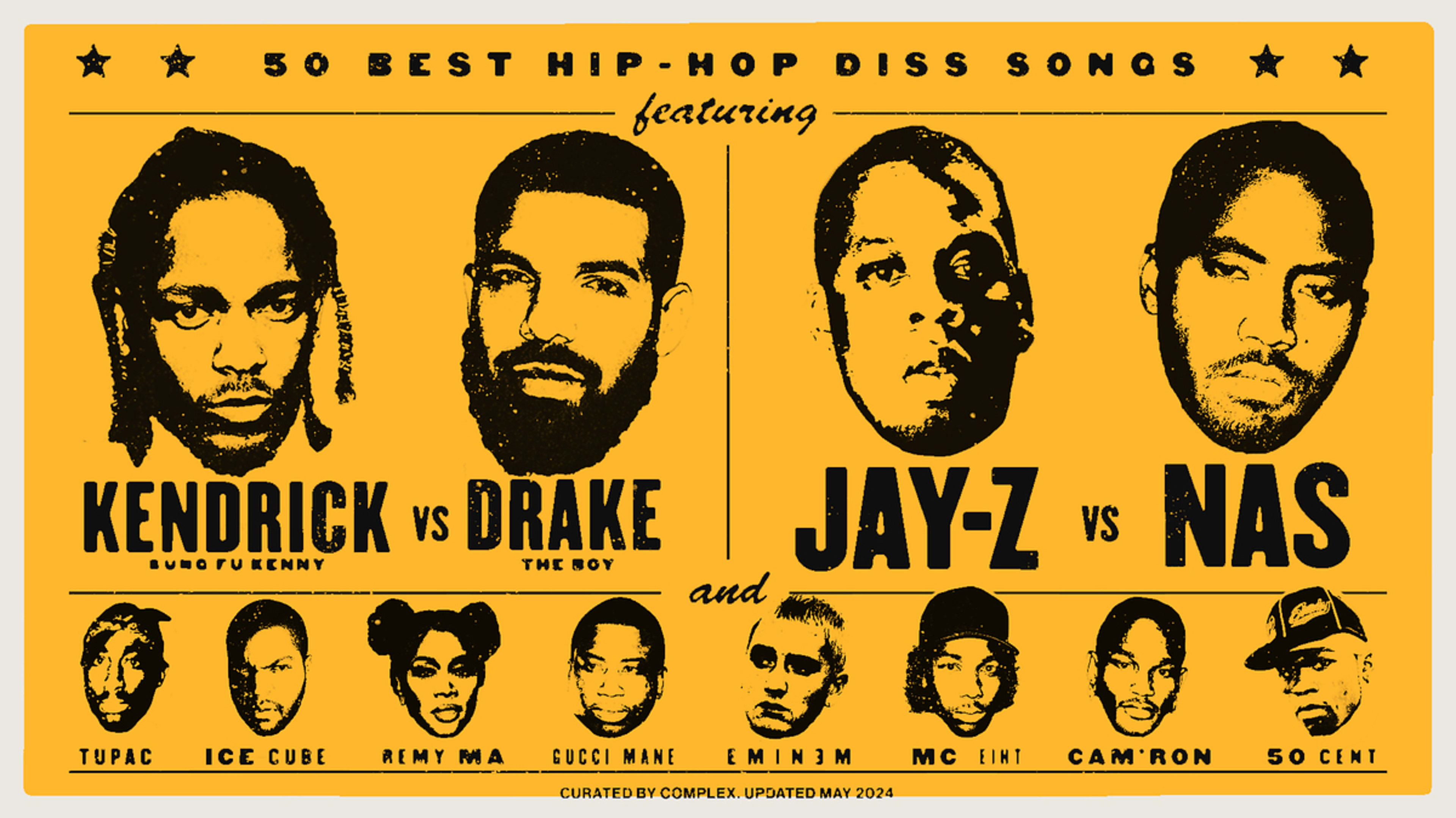 Graphic with faces of hip-hop artists for "50 Best Hip-Hop Diss Songs" list, including Kendrick, Drake, Jay-Z, Nas, and others