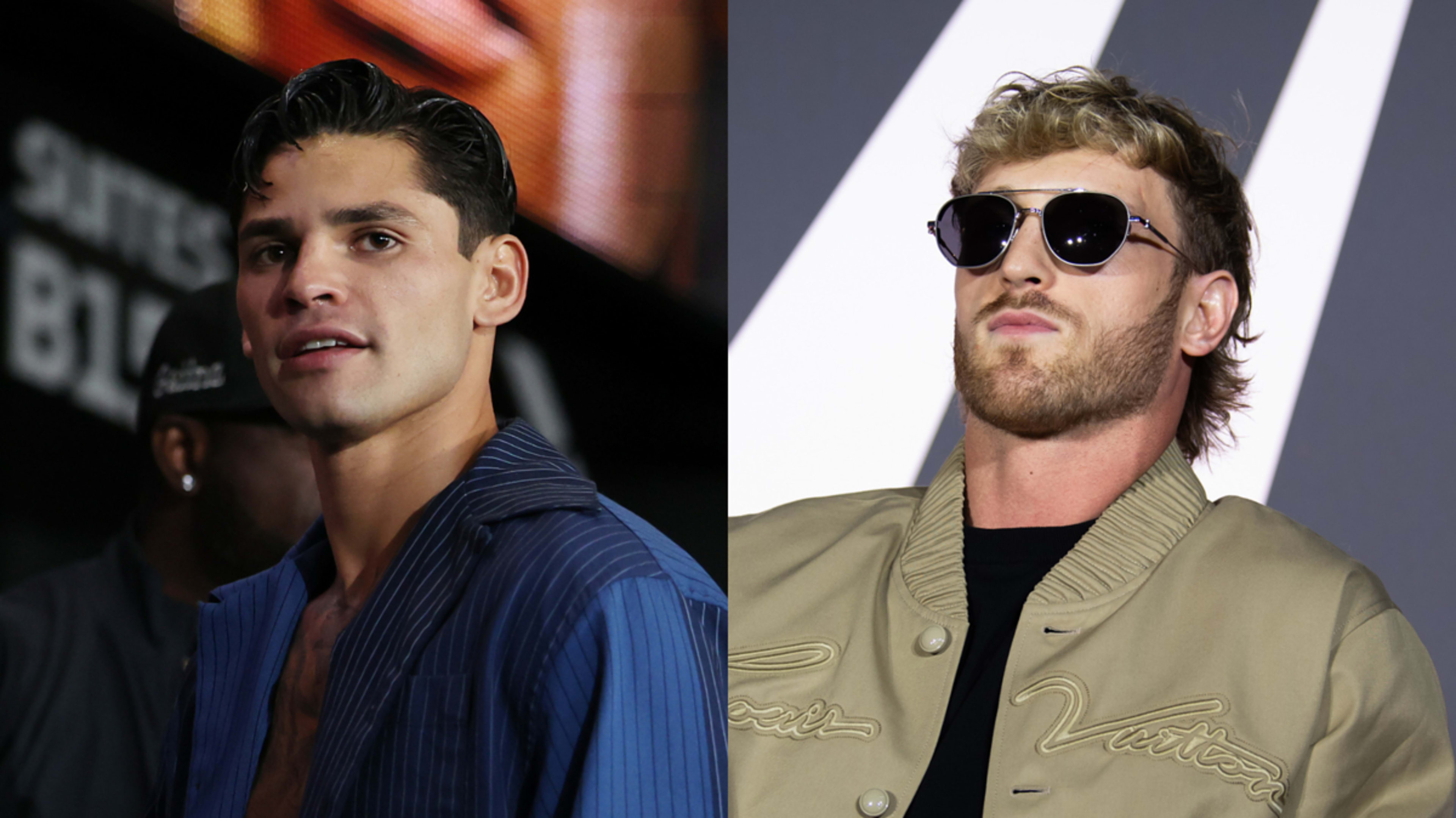 Ryan Garcia (left) in a striped shirt and Logan Paul (right) wearing sunglasses and a bomber jacket