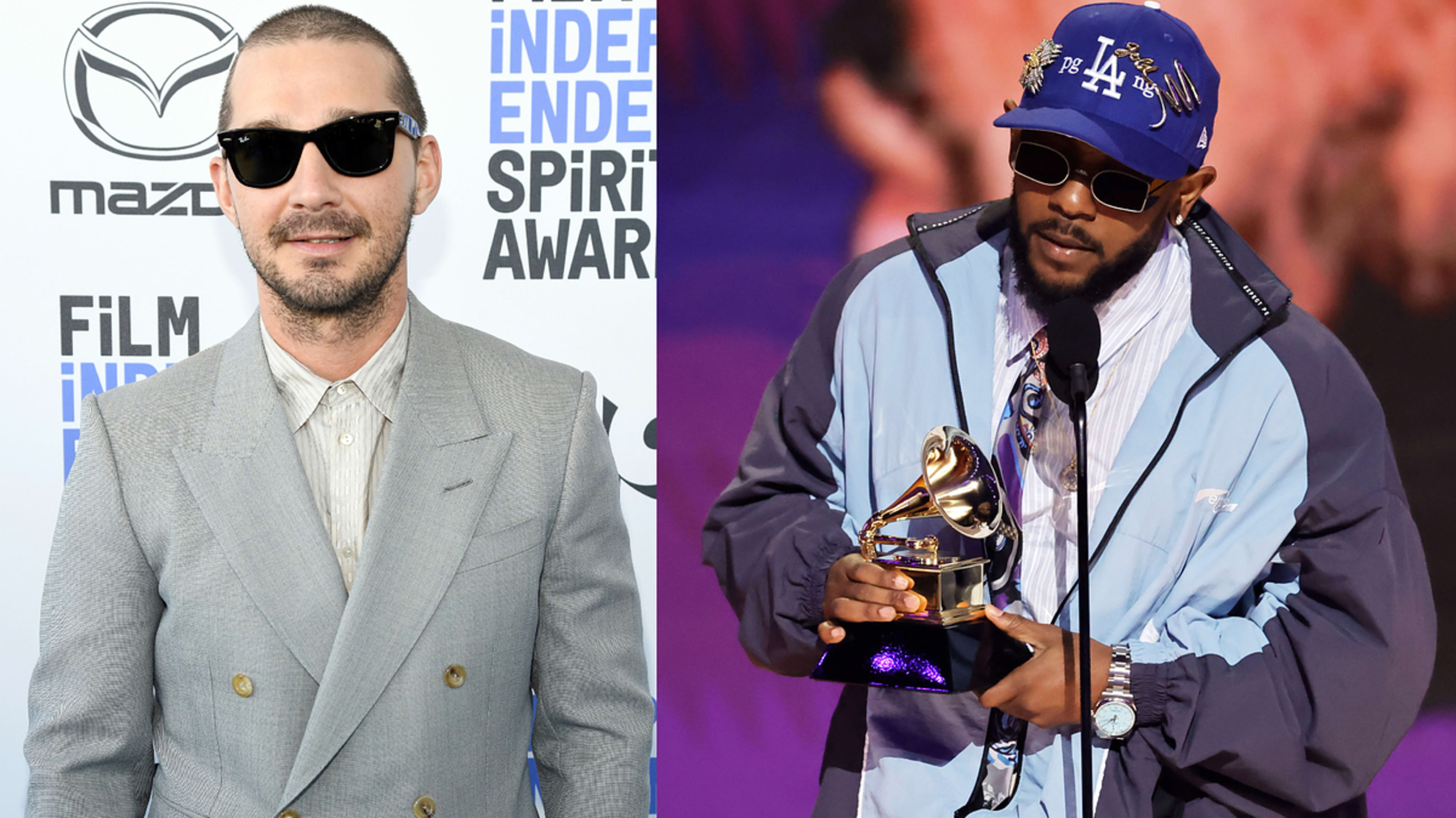 Two celebrities at events; one in a gray suit, the other in a blue jacket holding an award