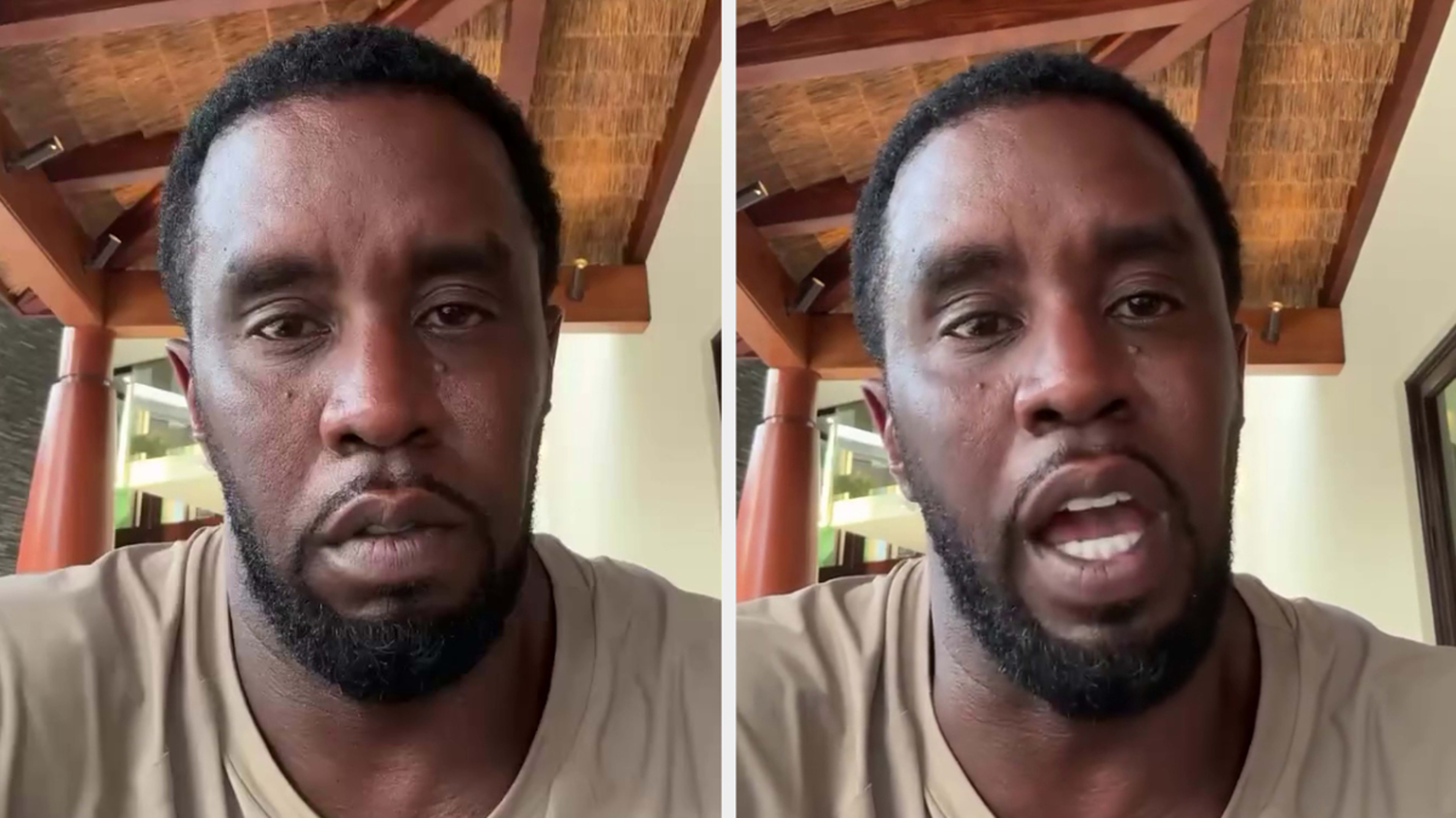 Sean "Diddy" Combs speaks directly to the camera in two side-by-side images. He appears serious and is wearing a simple t-shirt