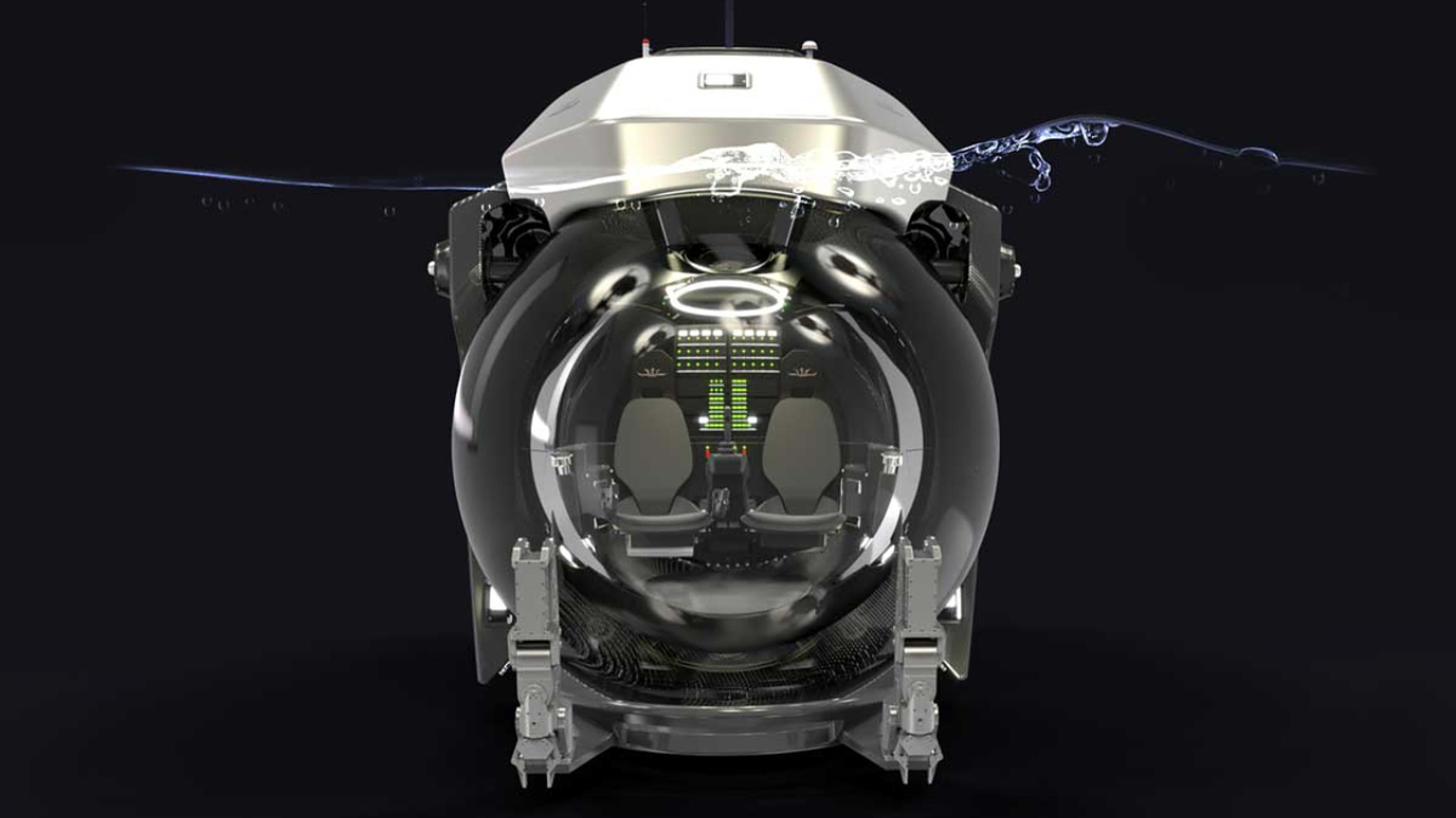 Front view of a deep-sea submersible with a clear spherical cockpit showing two seats and various controls inside