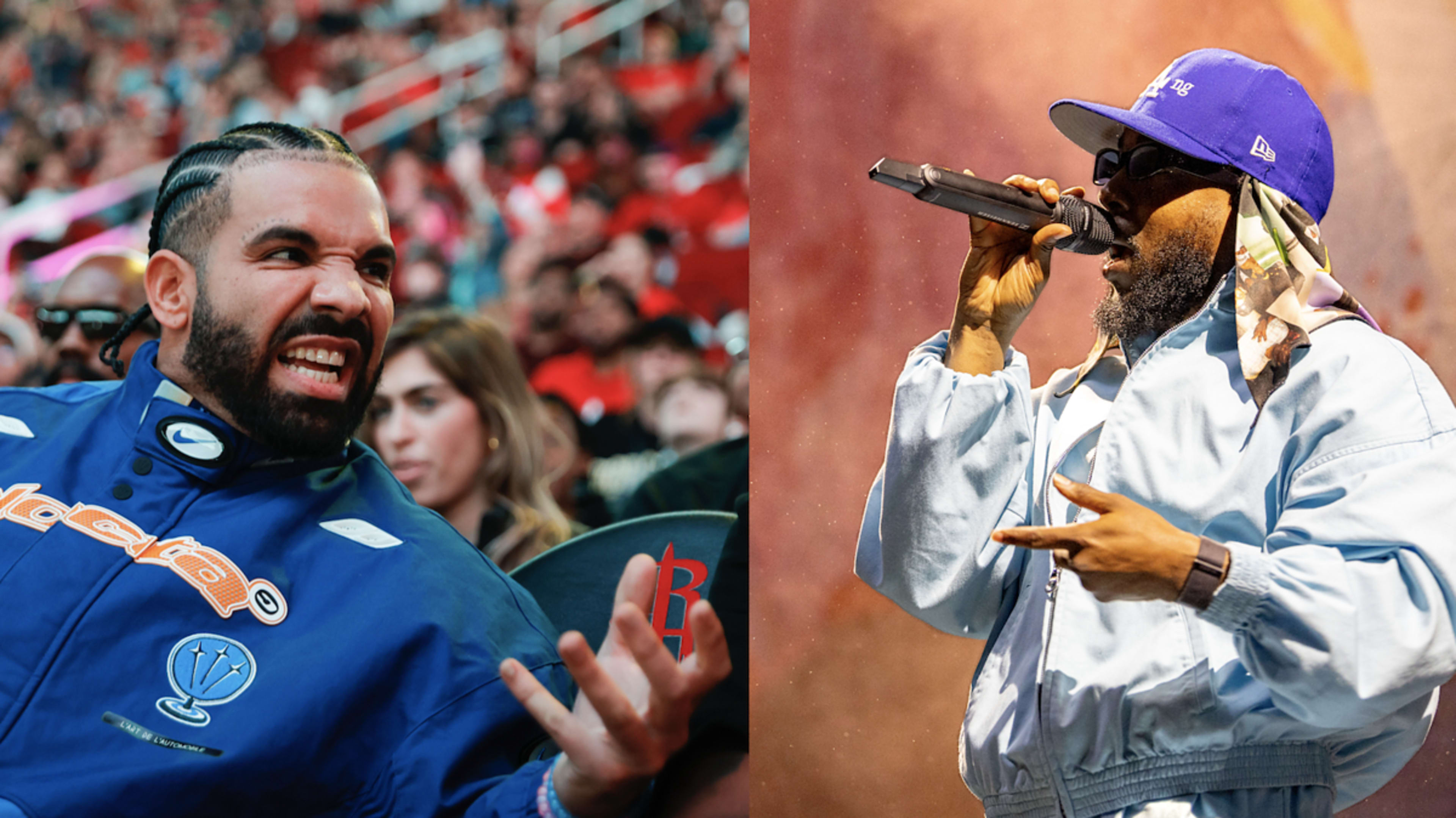 Two images side-by-side; left shows a cheerful man in a racing jacket at a sports event, right features a rapper performing on stage