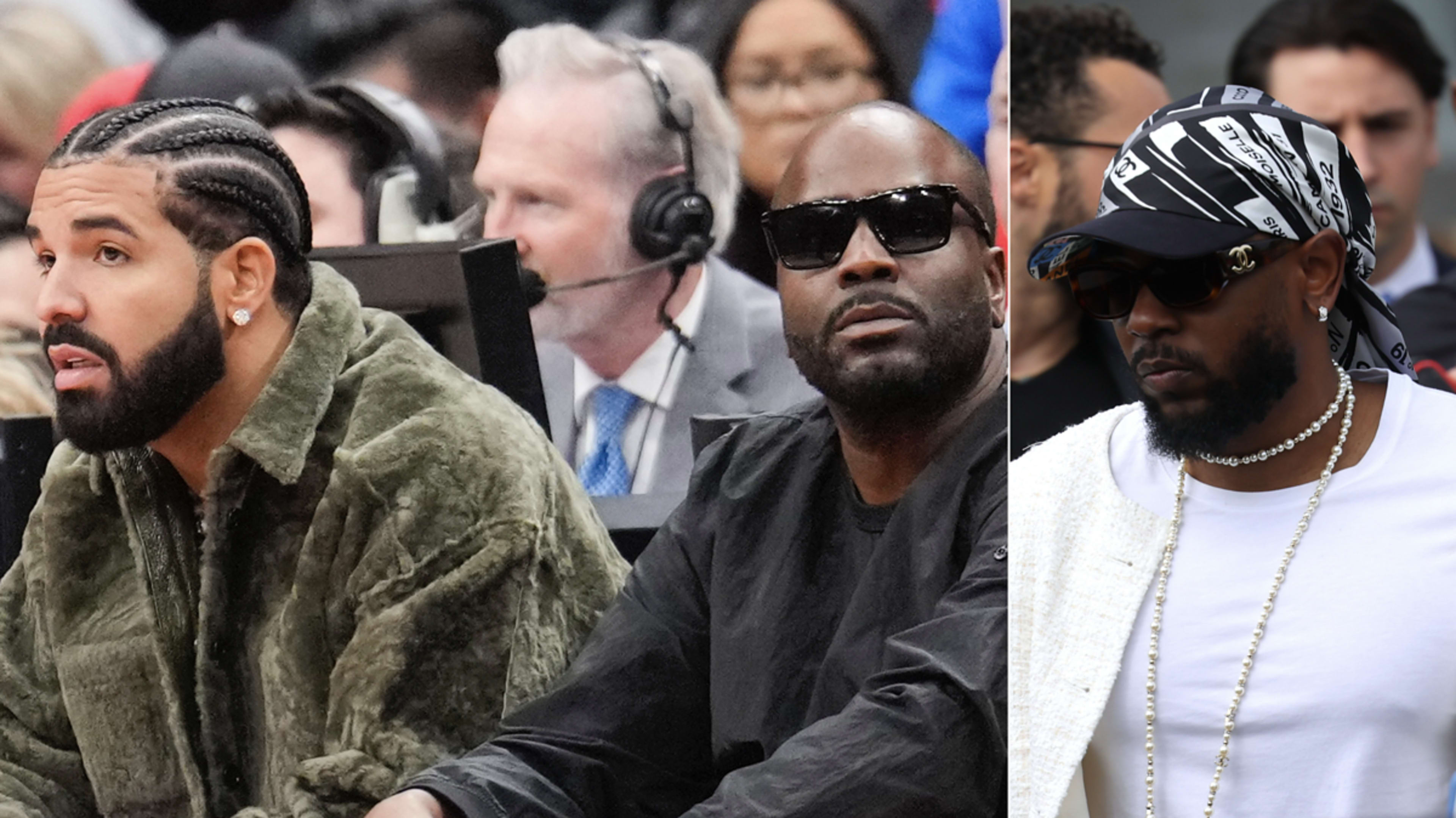 Two men at a sporting event, one in a fur coat and the other in a bandana and sunglasses