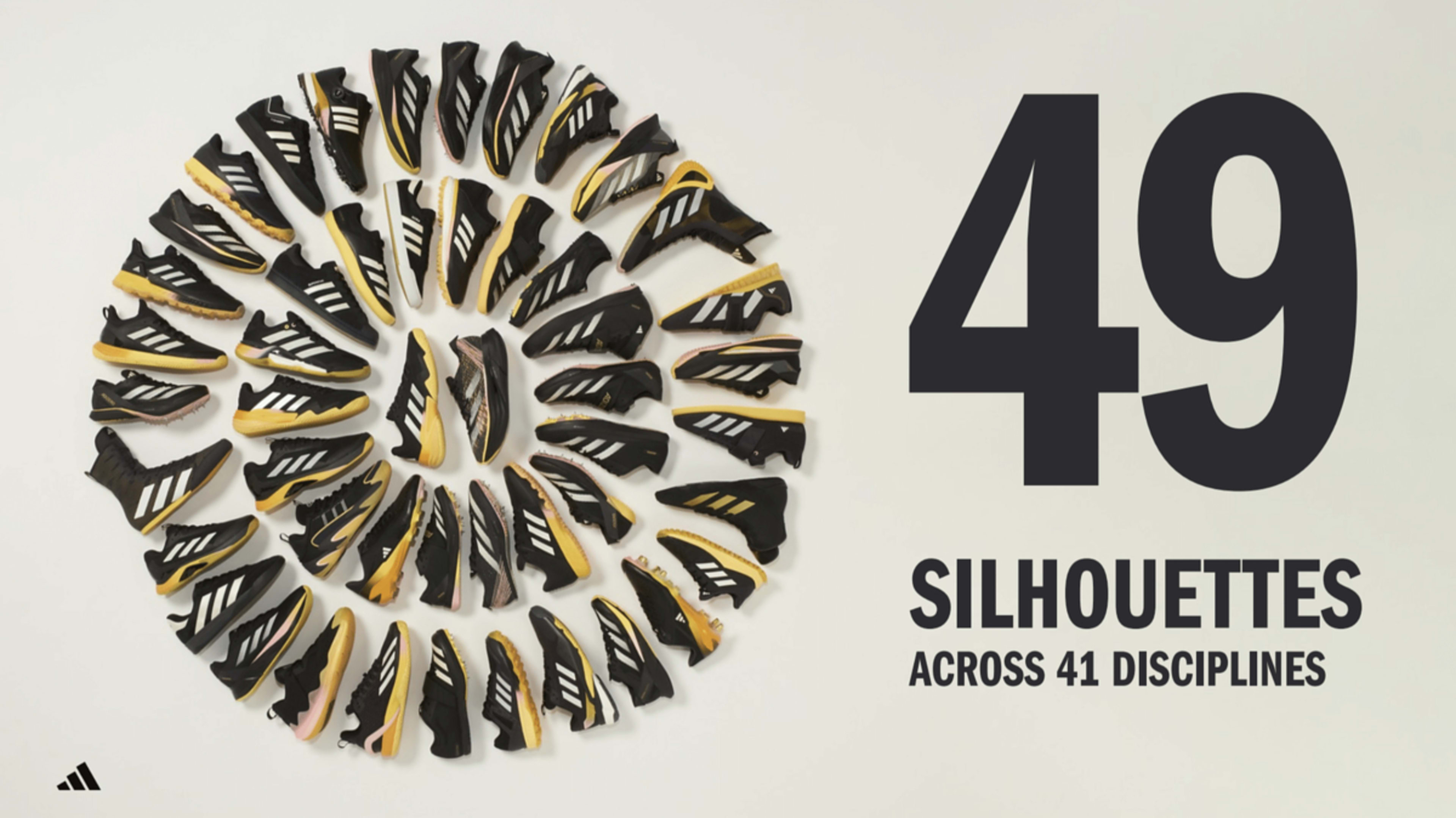 Circular arrangement of various sneakers with text "49 SILHOUETTES ACROSS 41 DISCIPLINES" by Adidas