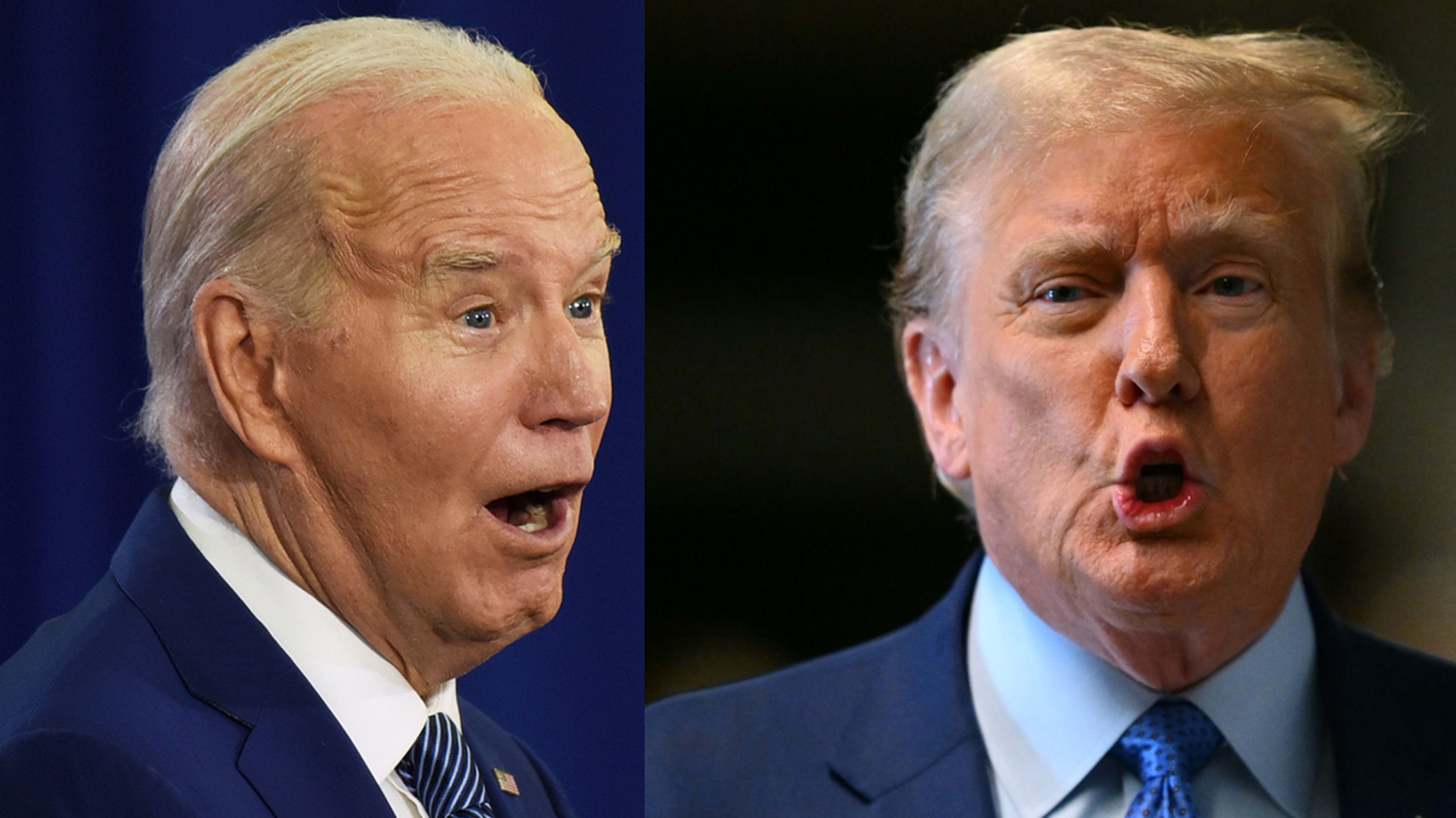 Side-by-side comparison of Joe Biden looking surprised and Donald Trump speaking