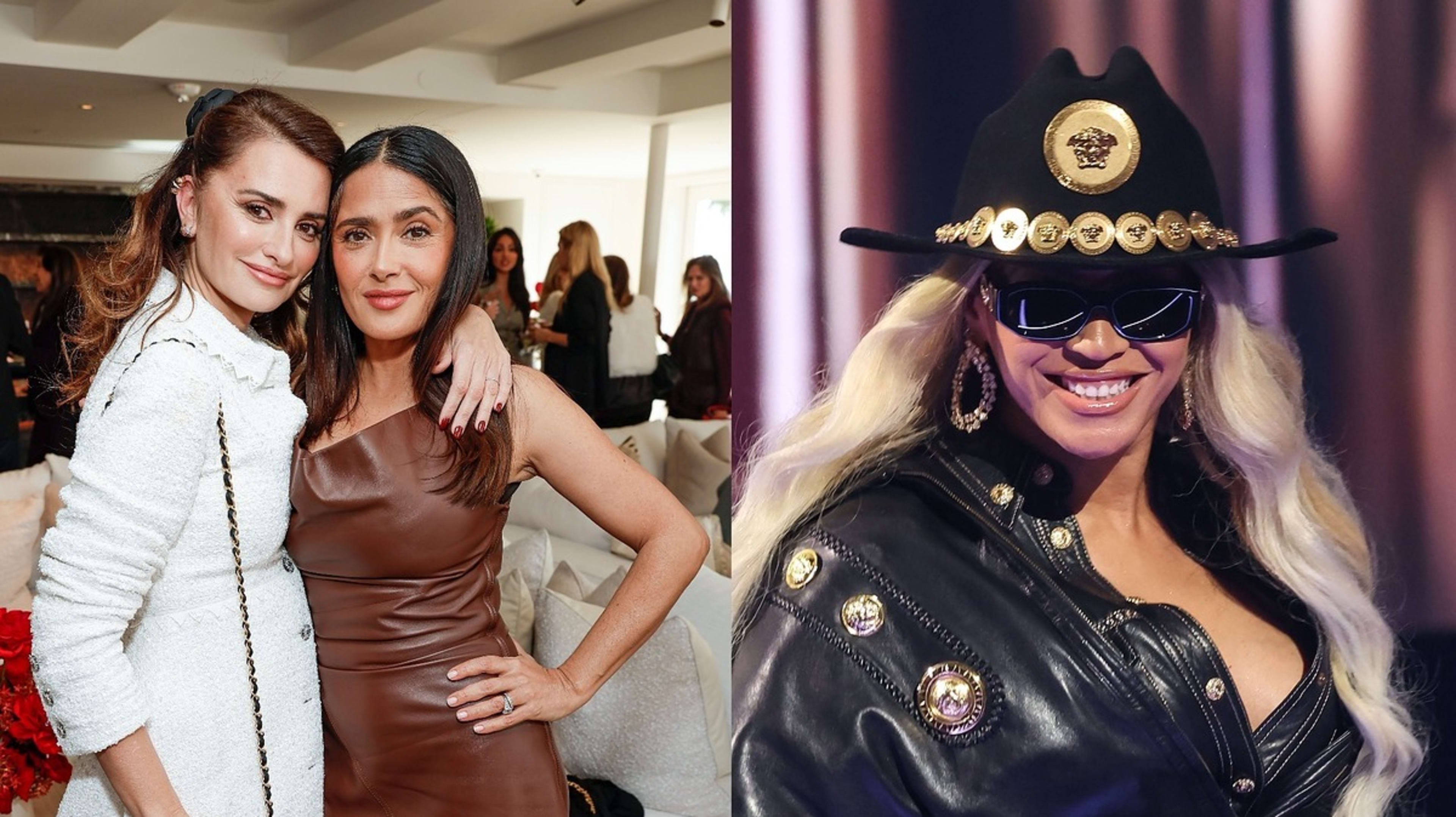 Left: Two women embracing, one in a white jacket, the other in a brown dress. Right: Person in black hat and jacket with badges