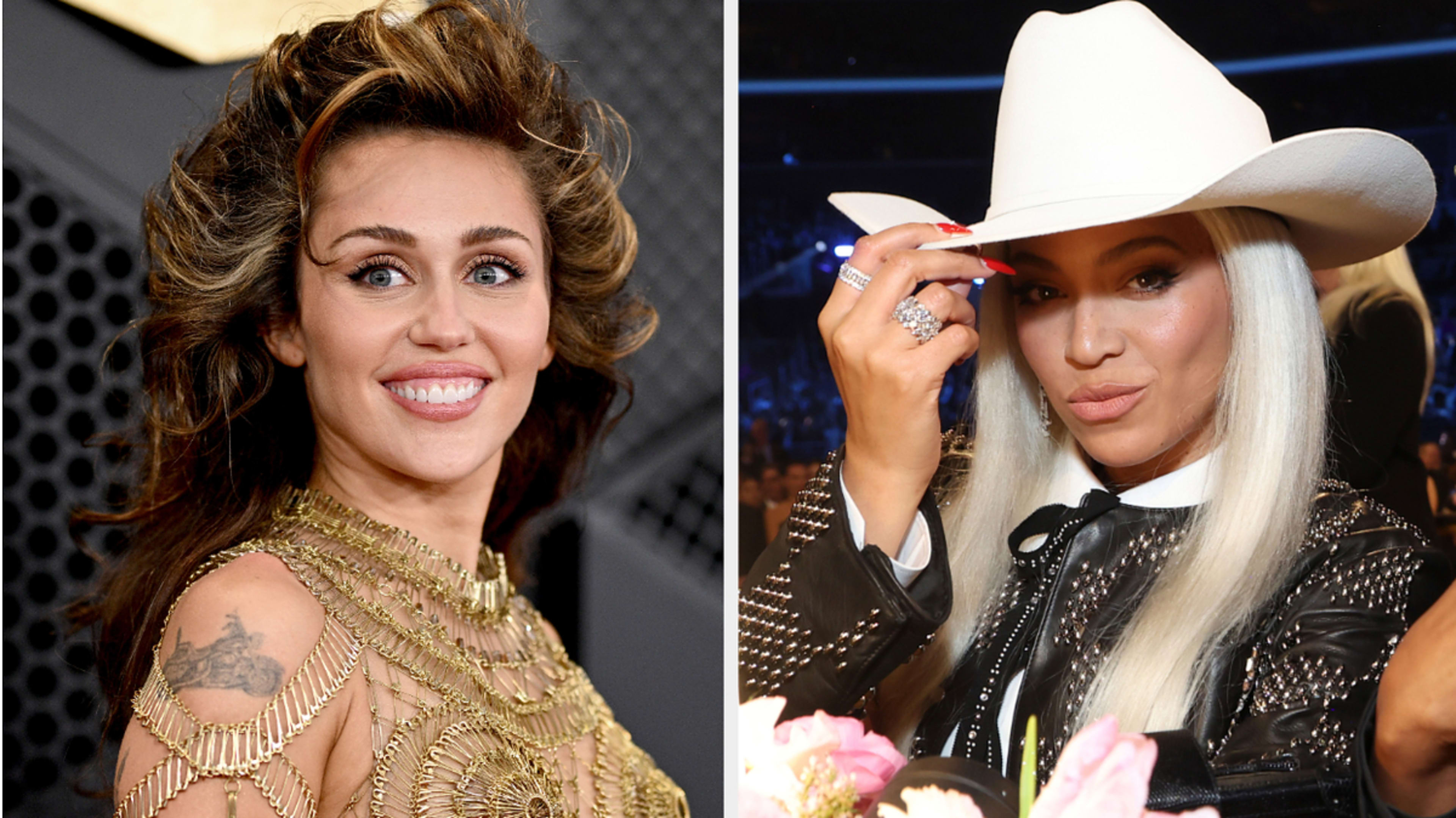 Two female musicians smiling, one in a gold dress and the other wearing a white hat and black top