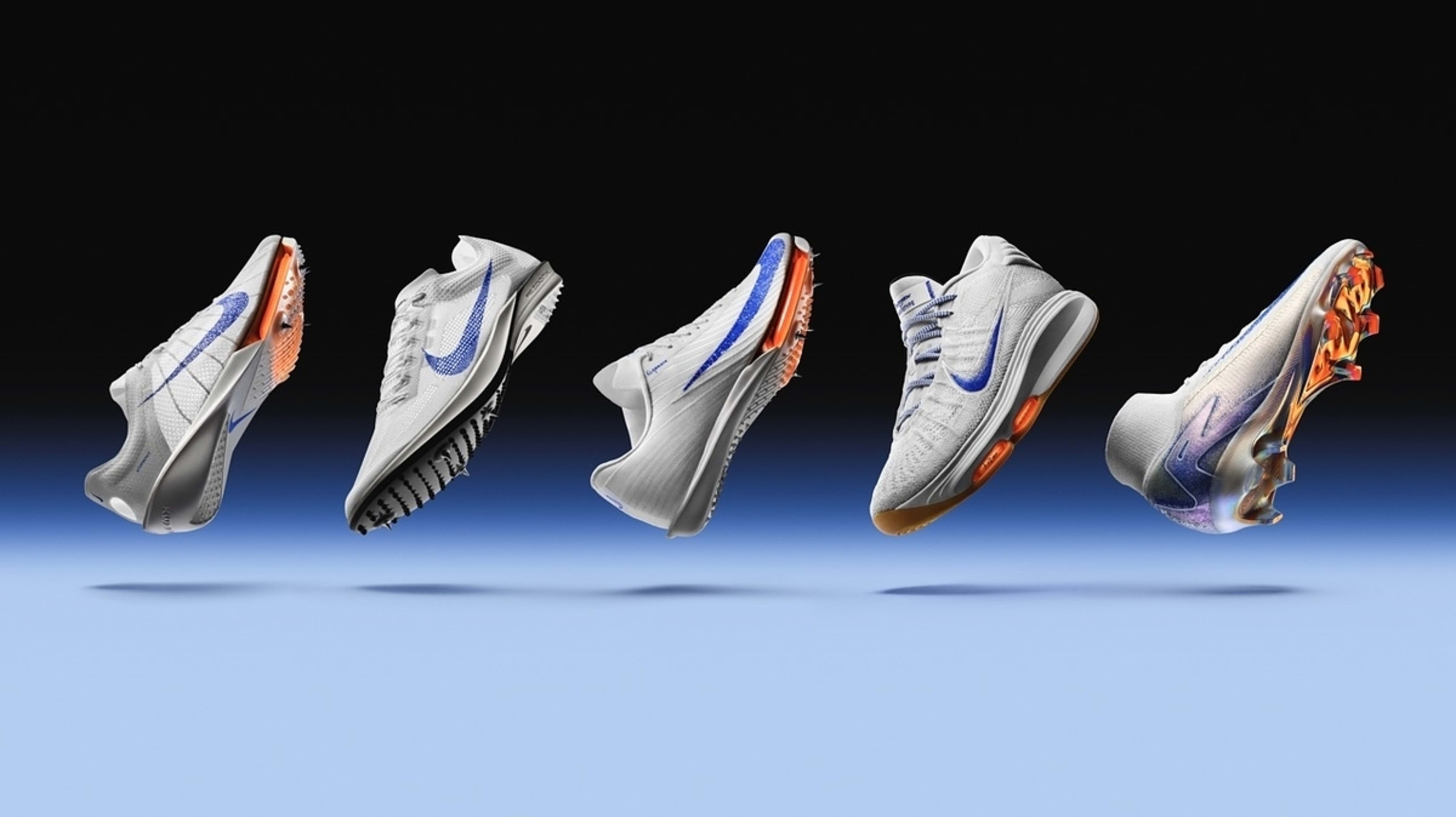 Five various sneakers floating against a blue background, showcasing different designs and sole patterns