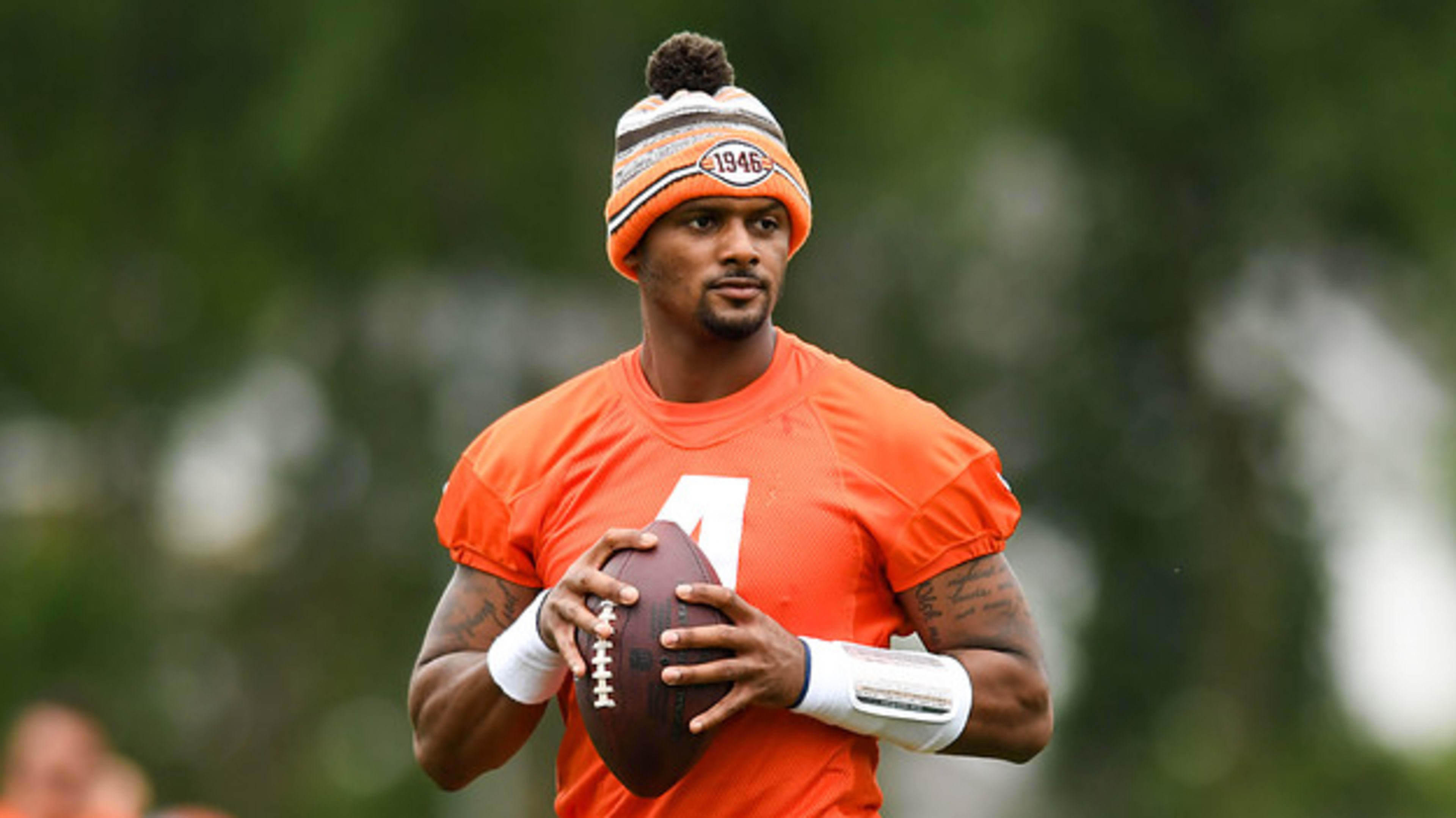 Deshaun Watson #4 of the Cleveland Browns runs a drill during the Cleveland Browns mandatory minicamp