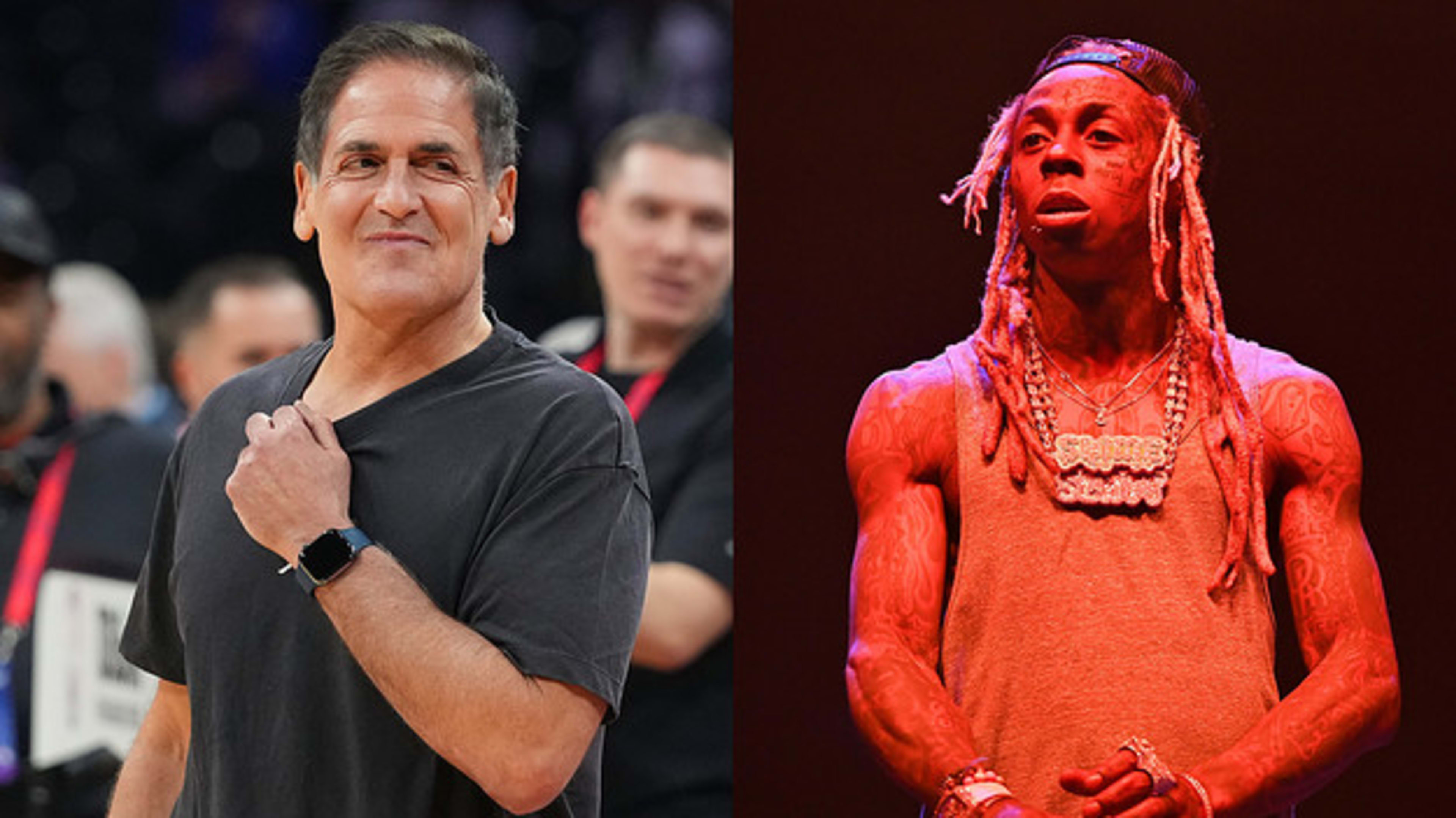 Mark Cuban and Lil Wayne in a side by side split image