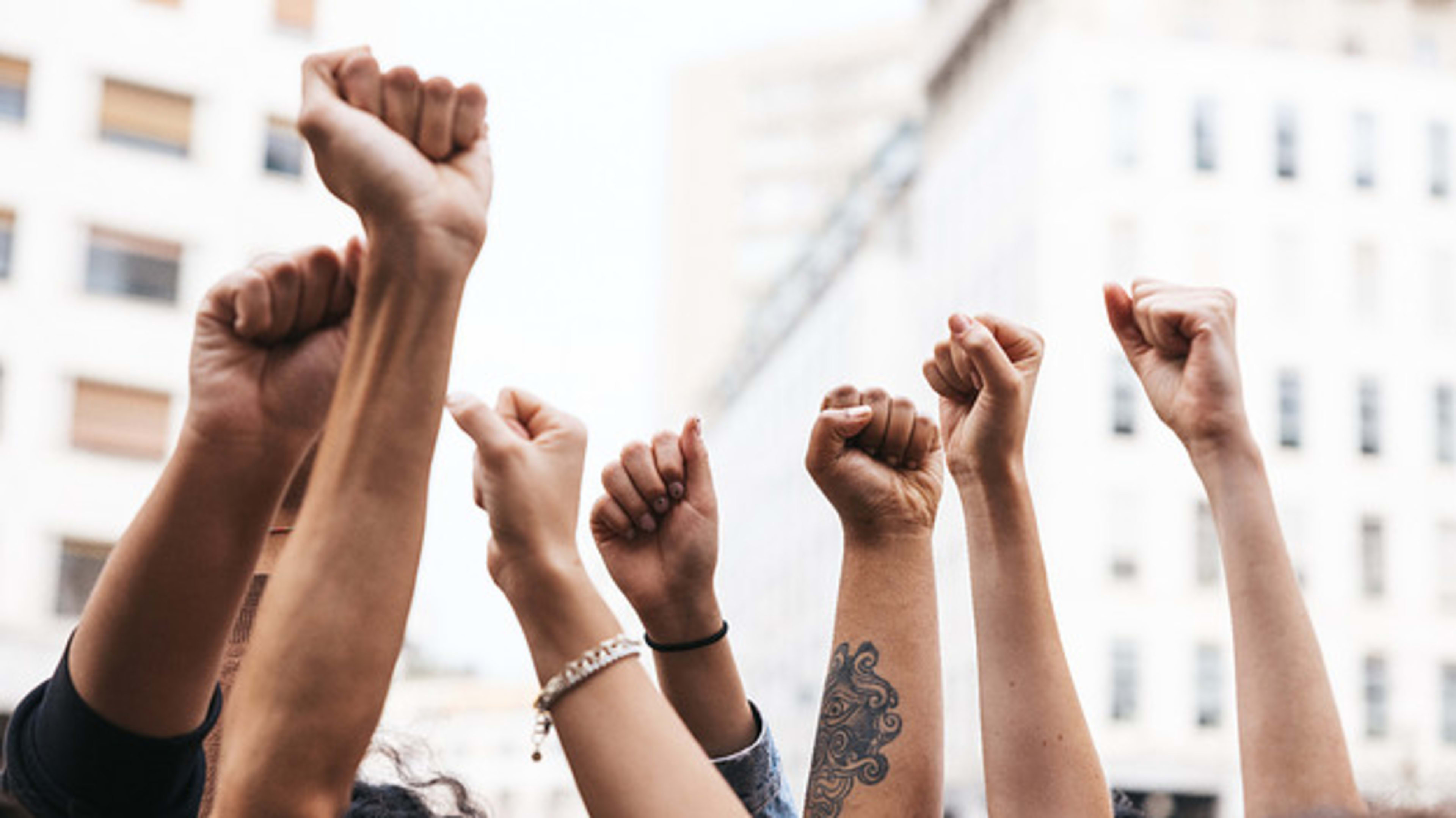 Group of young people marching together