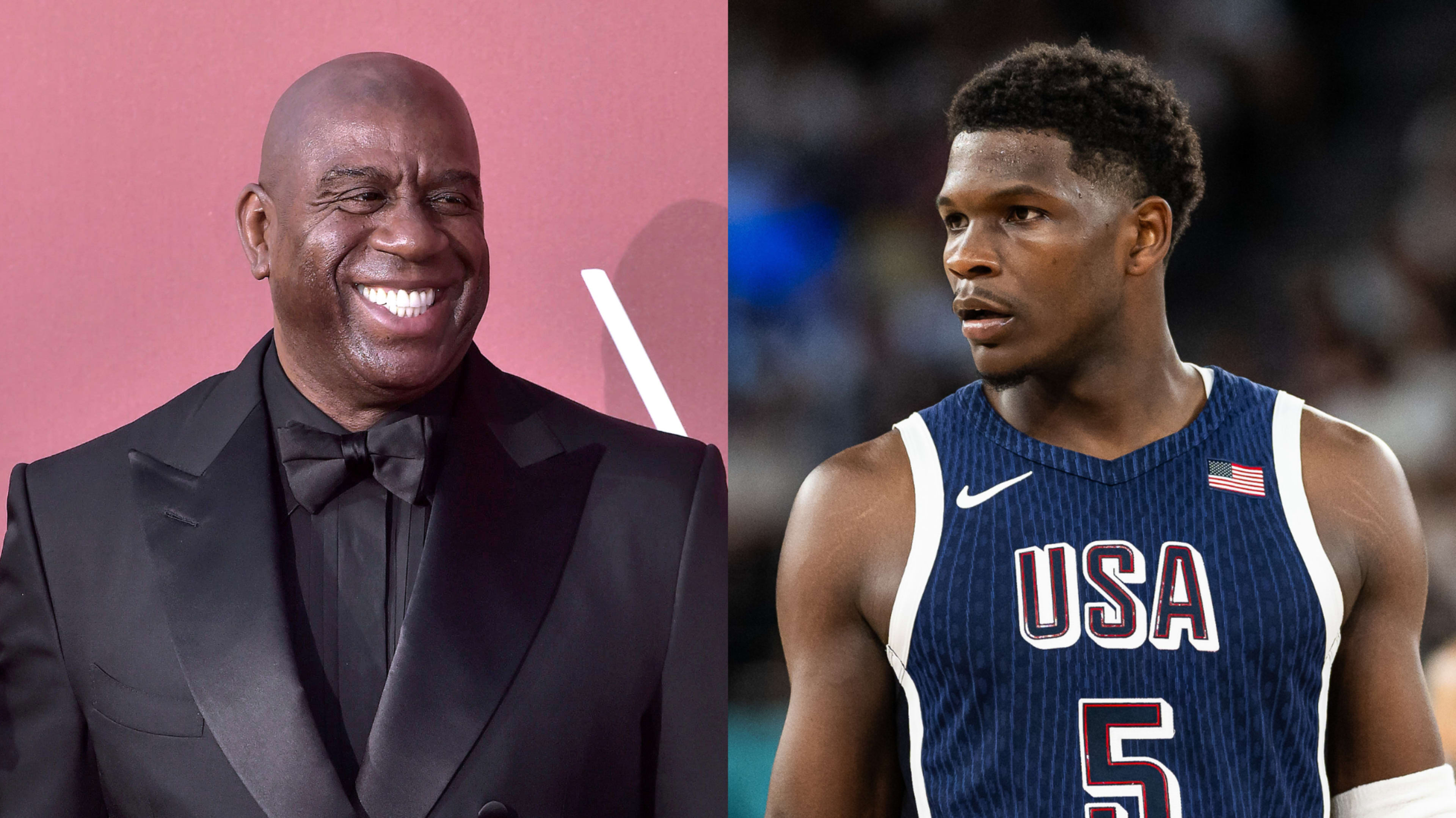 Magic Johnson attending an event, Anthony Edwards playing during the 2024 Olympics