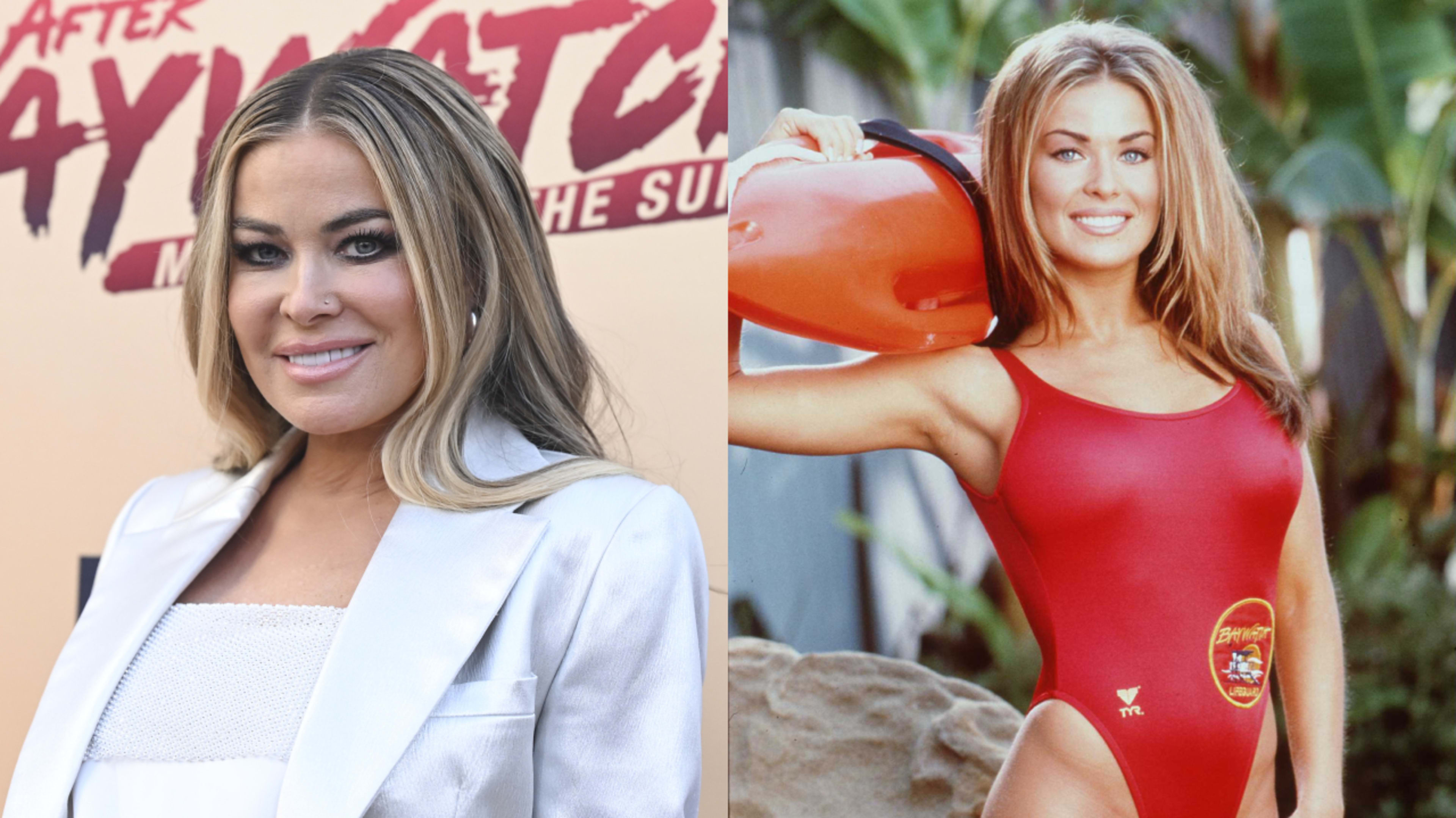 Left: Carmen Electra in 2024. Right: Electra in a swimsuit in 1997.