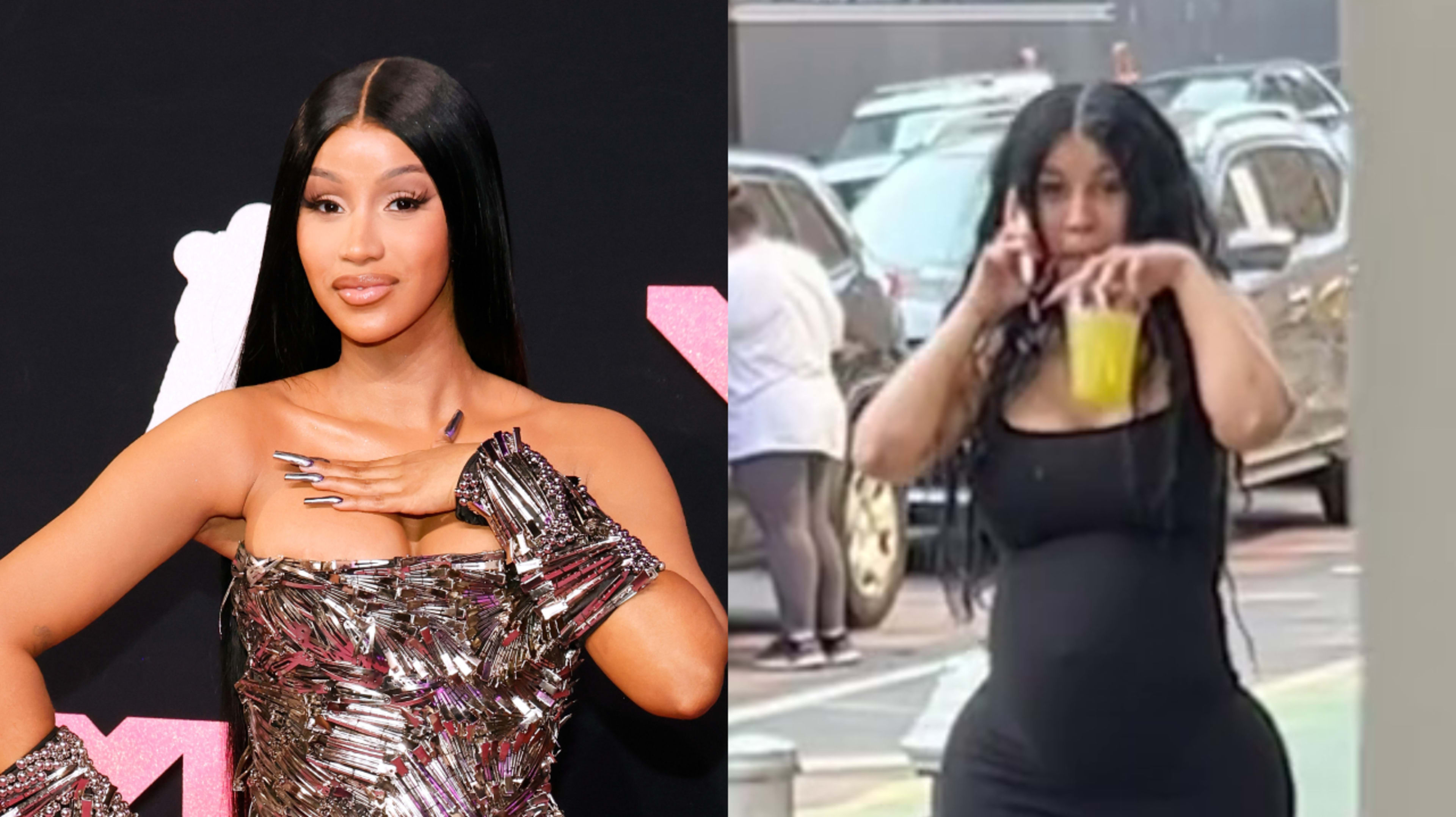 Left: Cardi B at an award show. Right: Cardi on the streets of Manhattan drinking a beverage