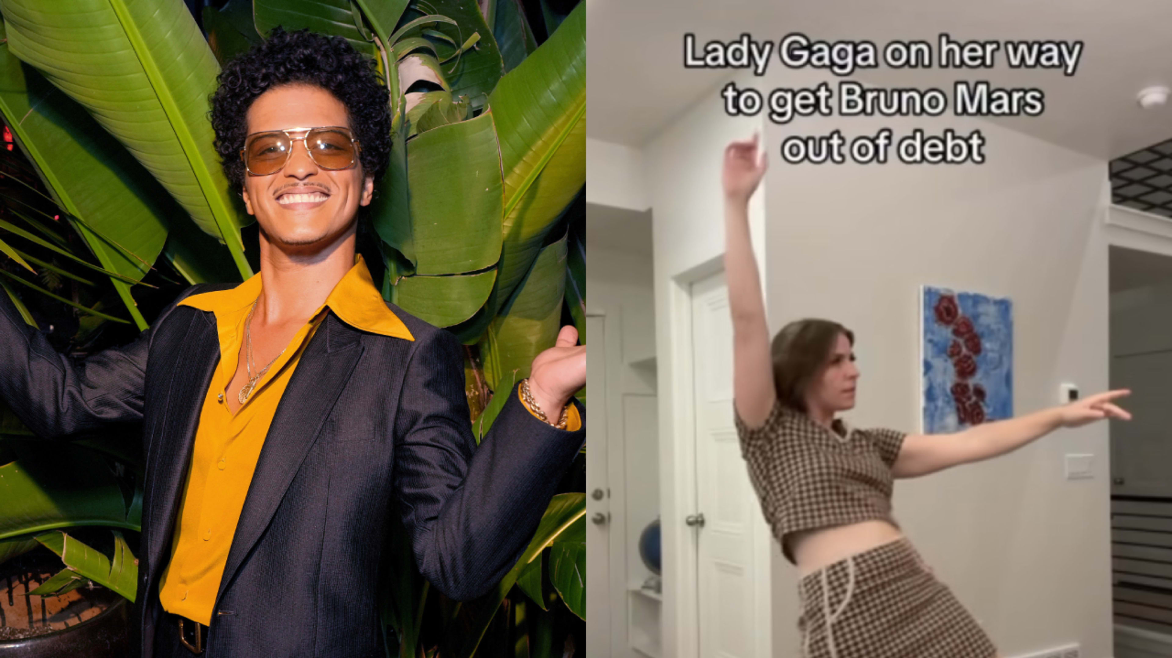 Left: Bruno Mars posing. Right: Woman dancing in her living room.