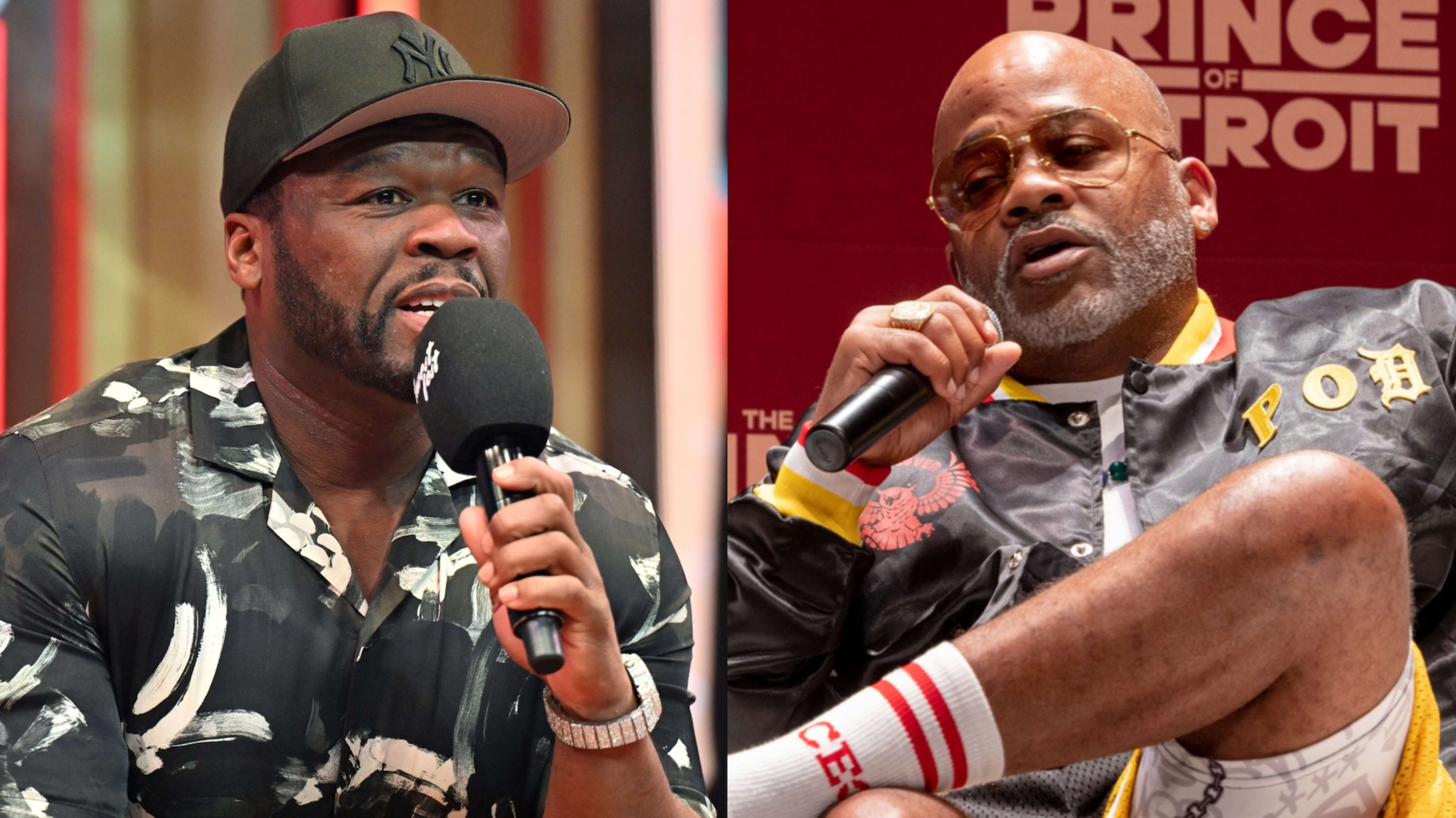 Splitscreen of 50 Cent and Dame Dash