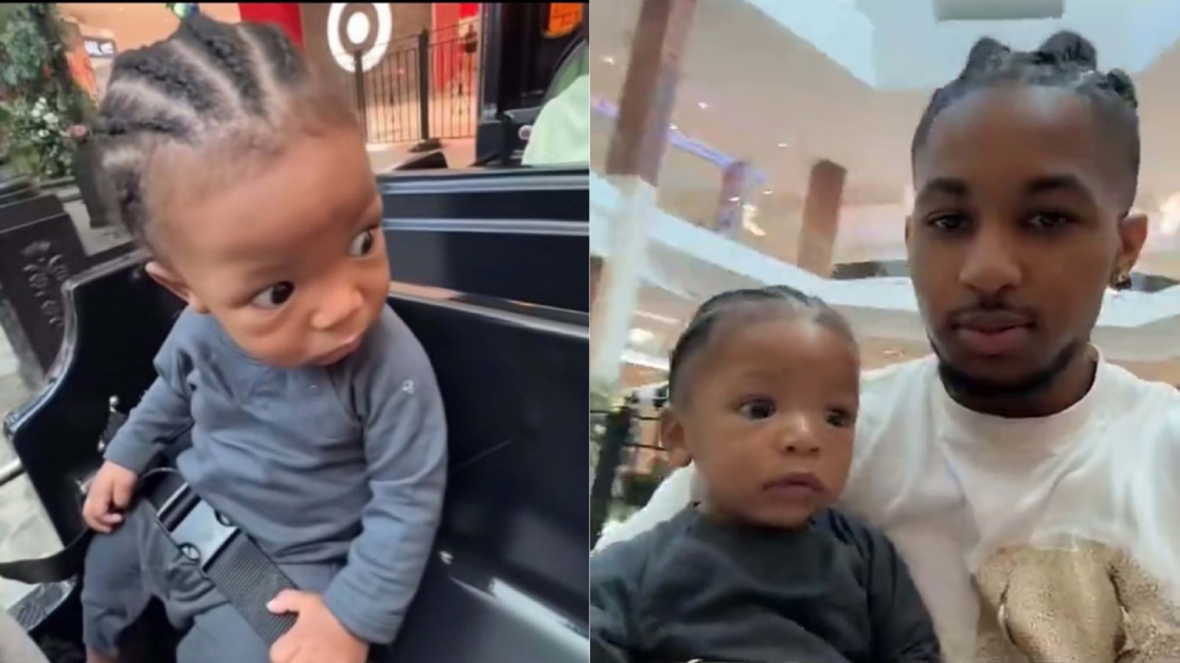 Left: DDG's son Halo riding on a small train, looking terrified/confused. Right: Halo with dad DDG.