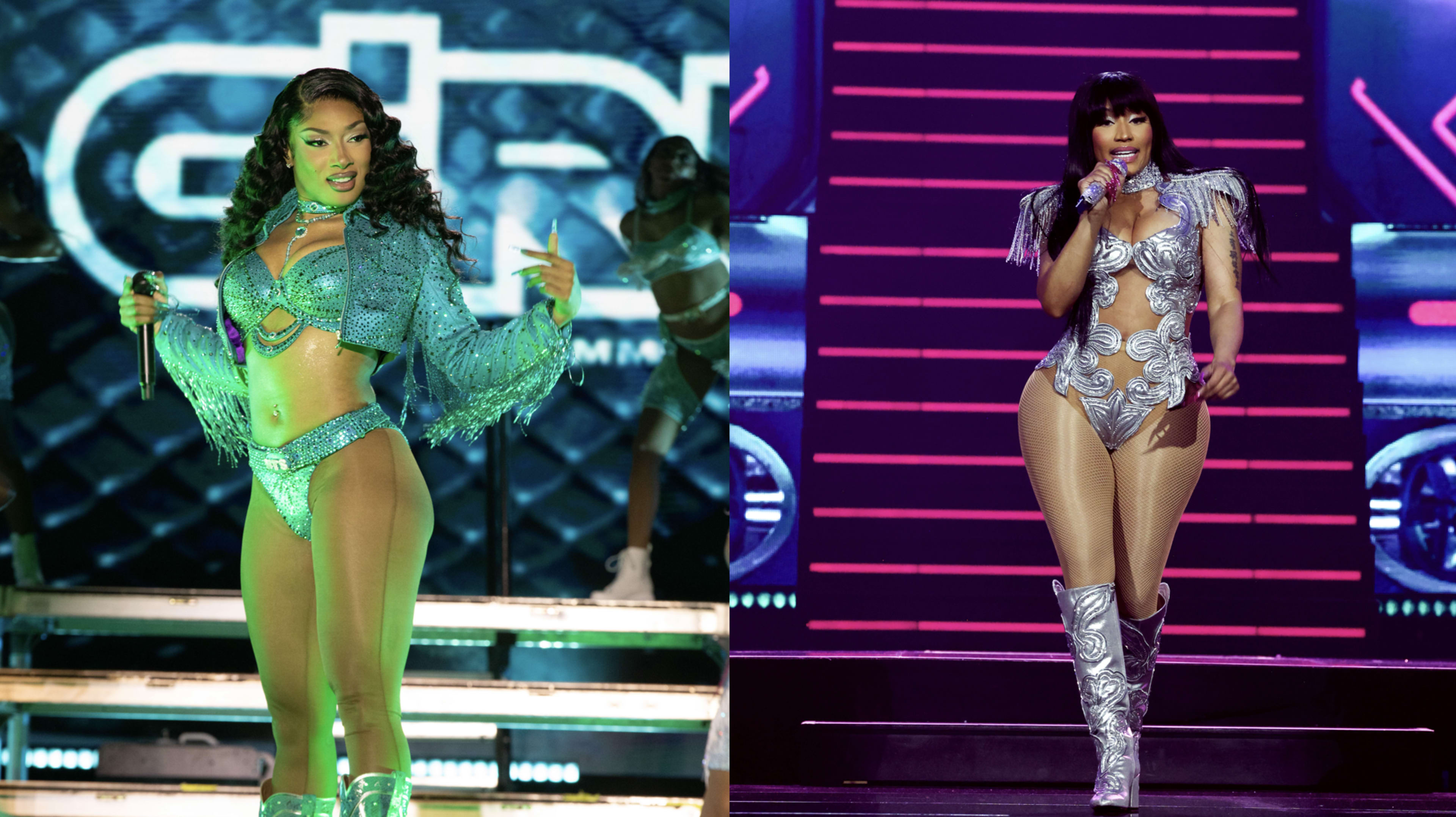 Megan Thee Stallion performs on stage during the Broccoli City Festival 2024 at Audi Field on July 27, 2024 in Washington, DC/Nicki Minaj performs during the opening night of her Pink Friday 2 World Tour at Oakland Arena on March 01, 2024 in Oakland, California