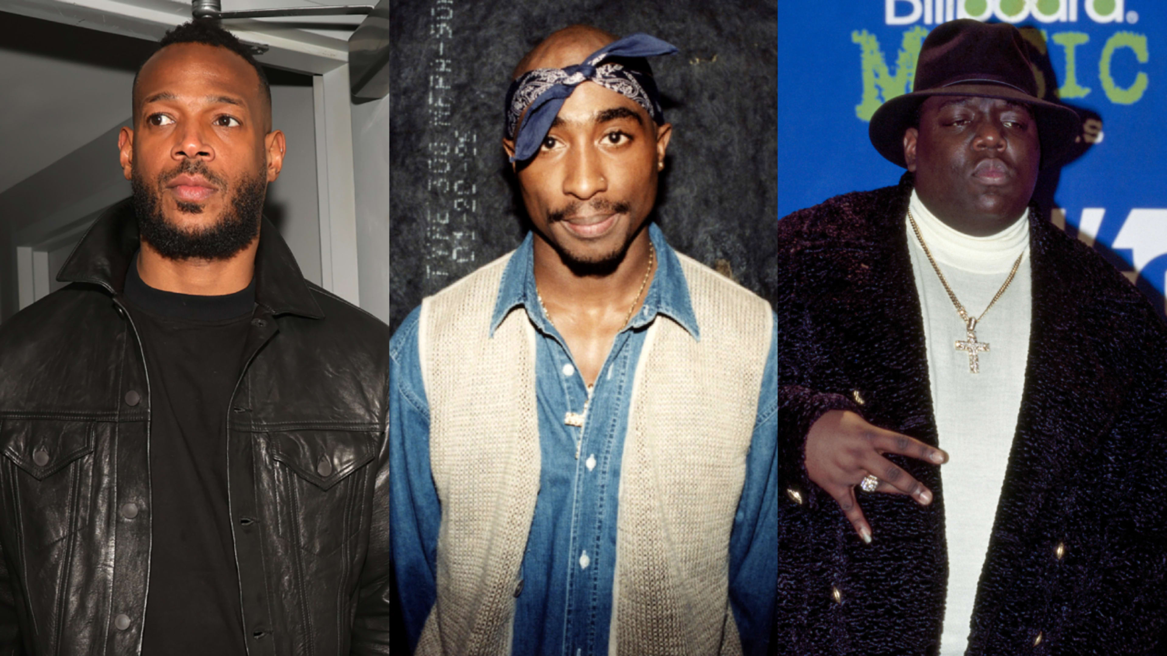 Split Image. Left: Marlon Wayans. Center: 2pac Shakur. Right: Notorious B.I.G.