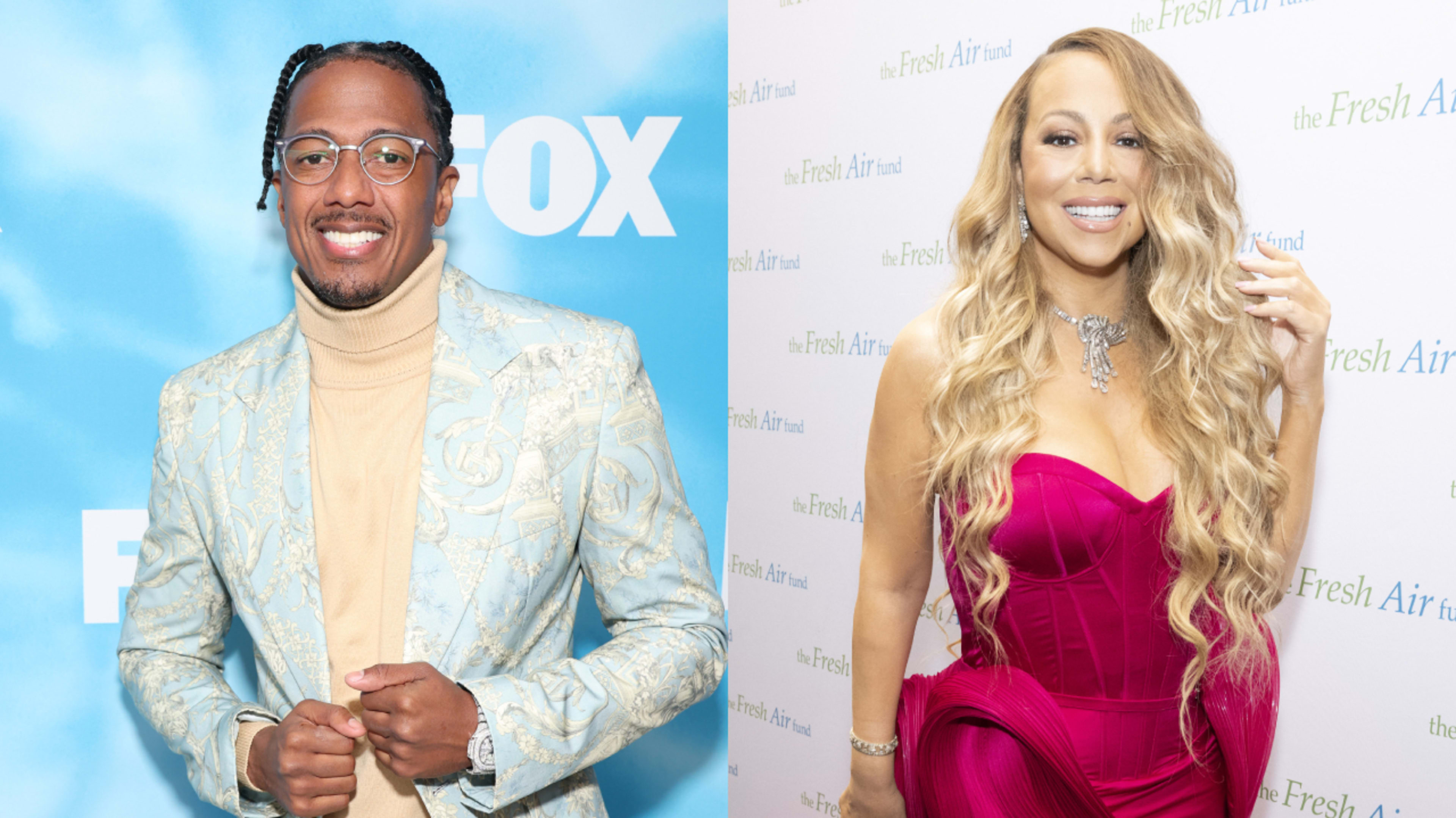 Split image. Left: Nick Cannon at the FOX Fall Press Day Red Carpet held at the FOX Lot on September 5, 2024 in Los Angeles, California. Right: Mariah Carey attends the 2024 Fresh Air Fund Spring Benefit at The Ziegfeld Ballroom on May 16, 2024 in New York City.