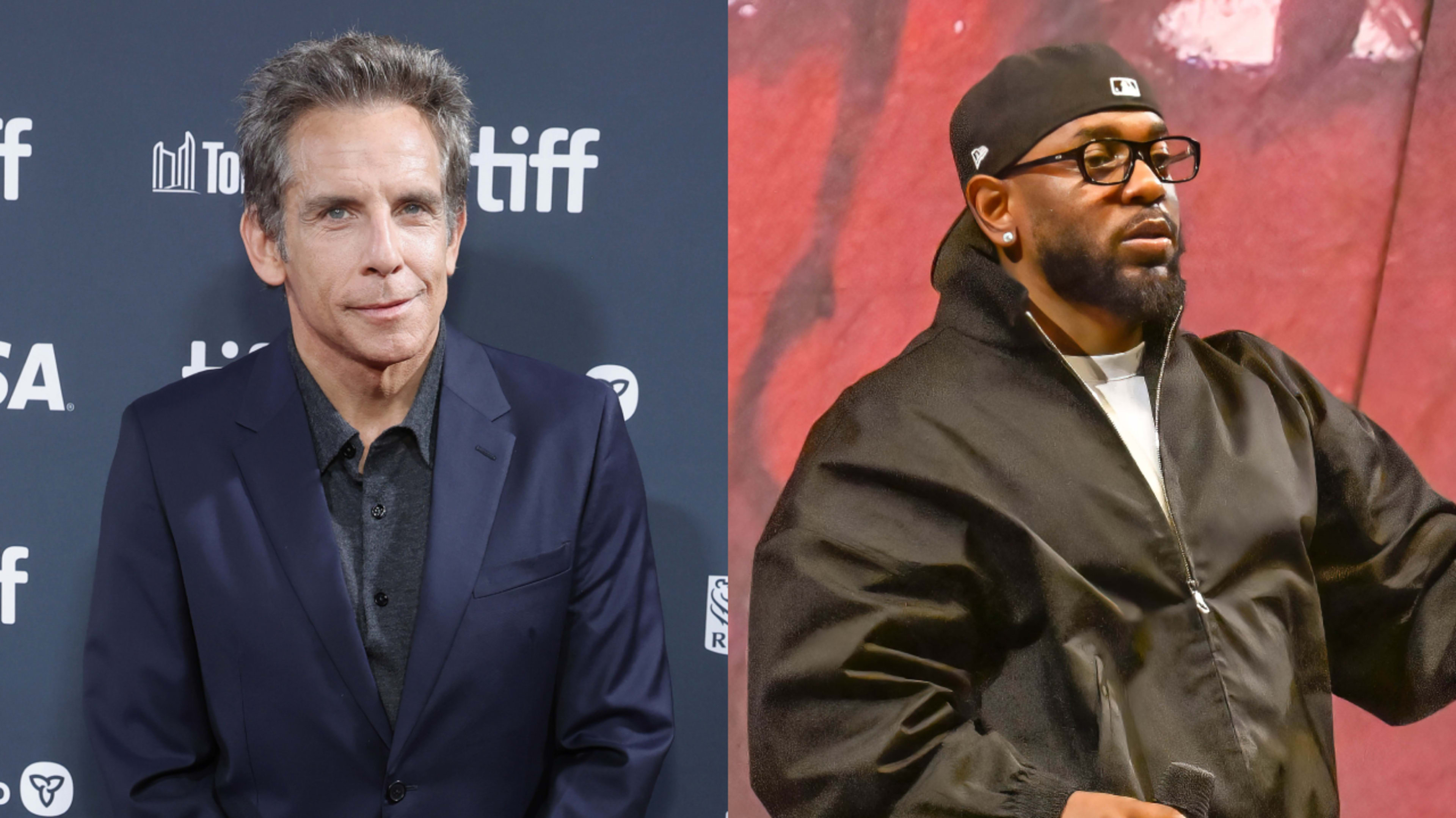 Split photo. Left: Ben Stiller attends the premiere of "Nutcrackers" during the 2024 Toronto International Film Festival at Roy Thomson Hall on September 05, 2024 in Toronto, Ontario. Right: Kendrick Lamar performs during the 2023 Bonnaroo Music & Arts Festival on June 16, 2023 in Manchester, Tennessee.