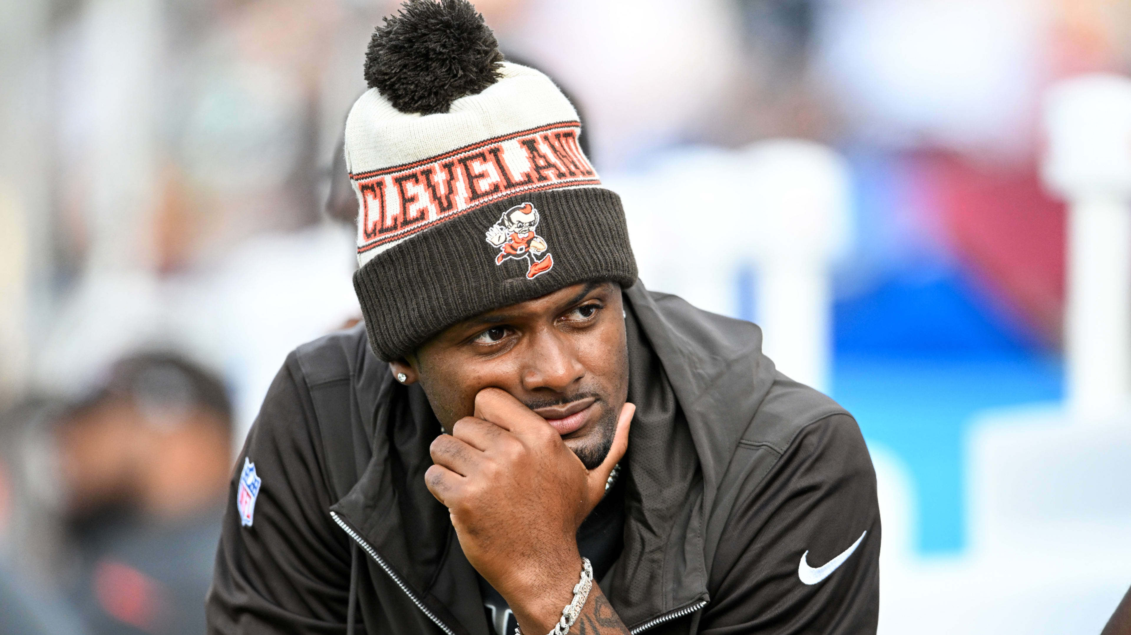 Deshaun Watson looks on prior to the 2023 Pro Hall of Fame Game.