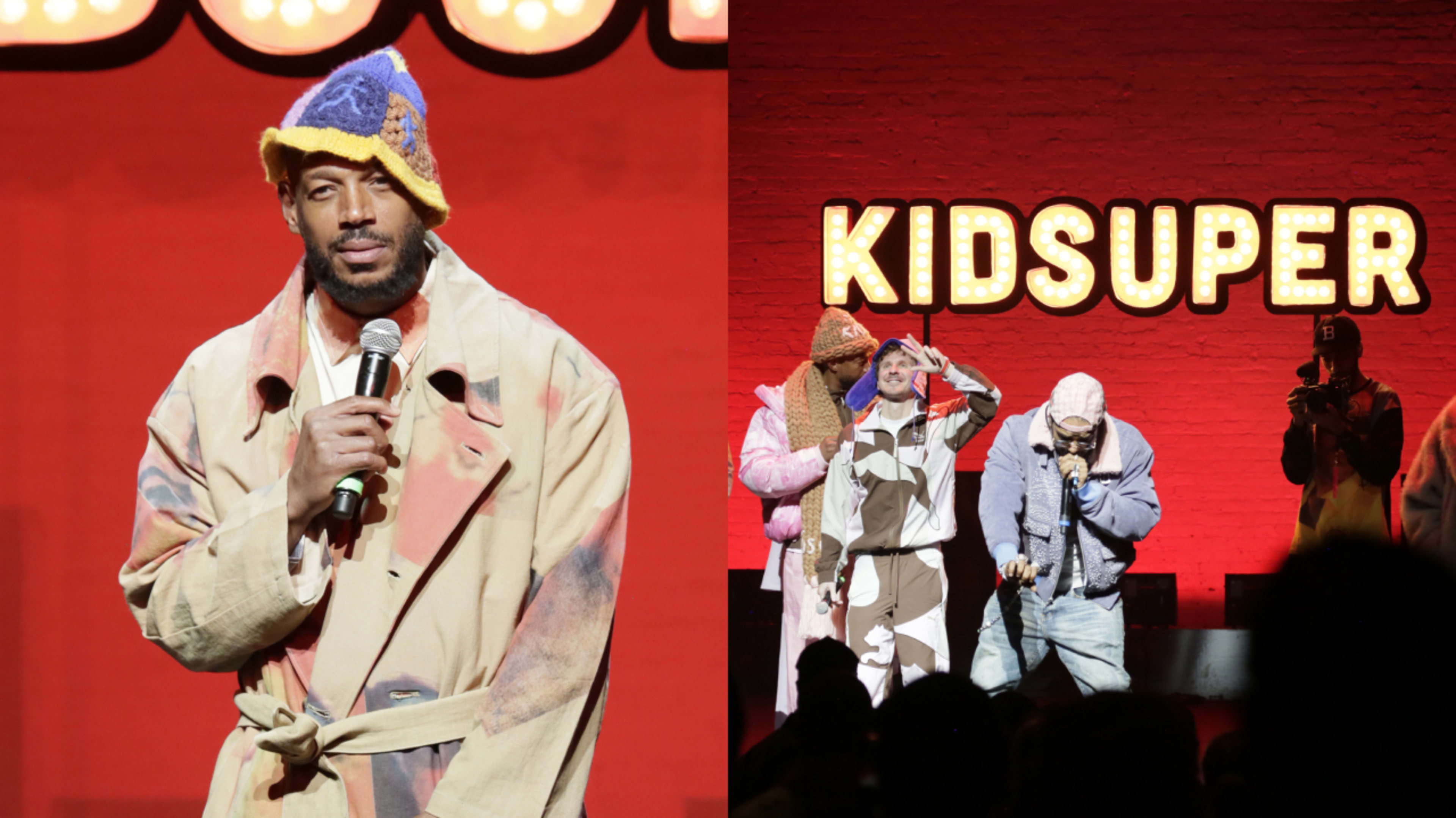 Split image. Left: Marlon Wayans. Right: Deon Cole, Marlon Wayans, KidSuper, and Jim Jones on stage at KidSuper's Funny Business Comedy Fashion Show