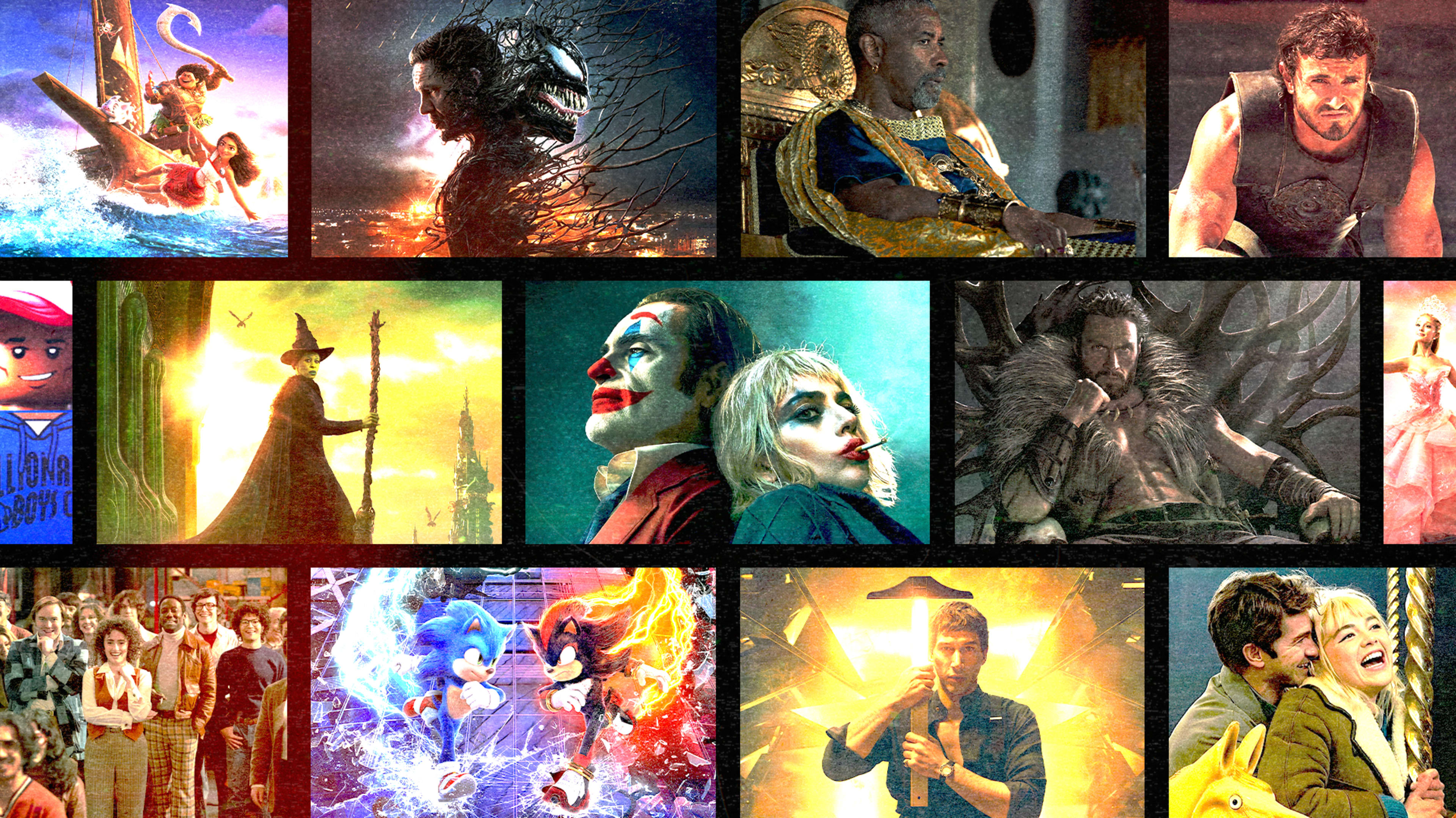 A collage of movies releasing this fall 2024, including Joker 2, Kraven the Hunter, Sonic 3, and more.