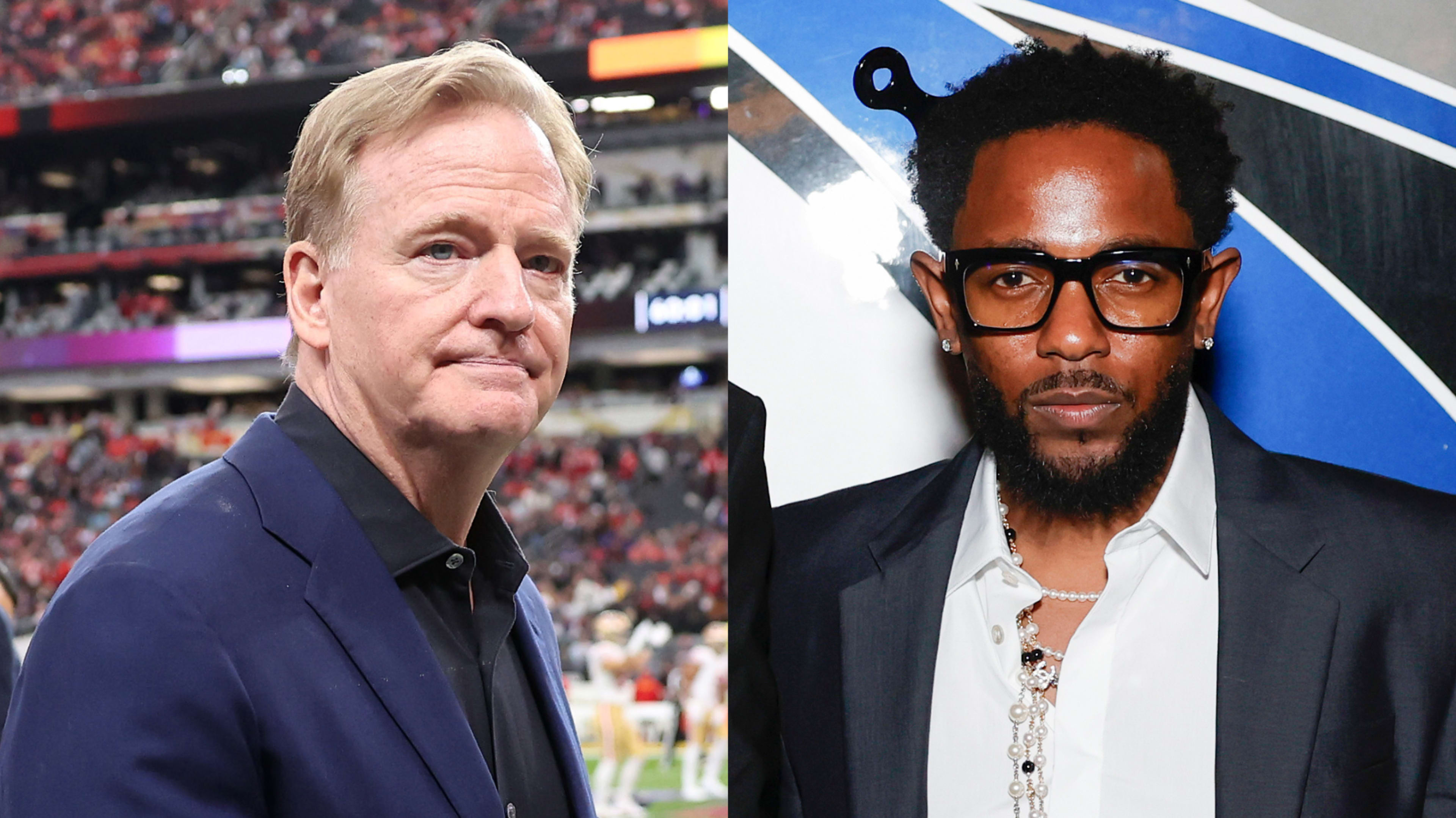 Roger Goodell and Kendrick Lamar attending separate events.