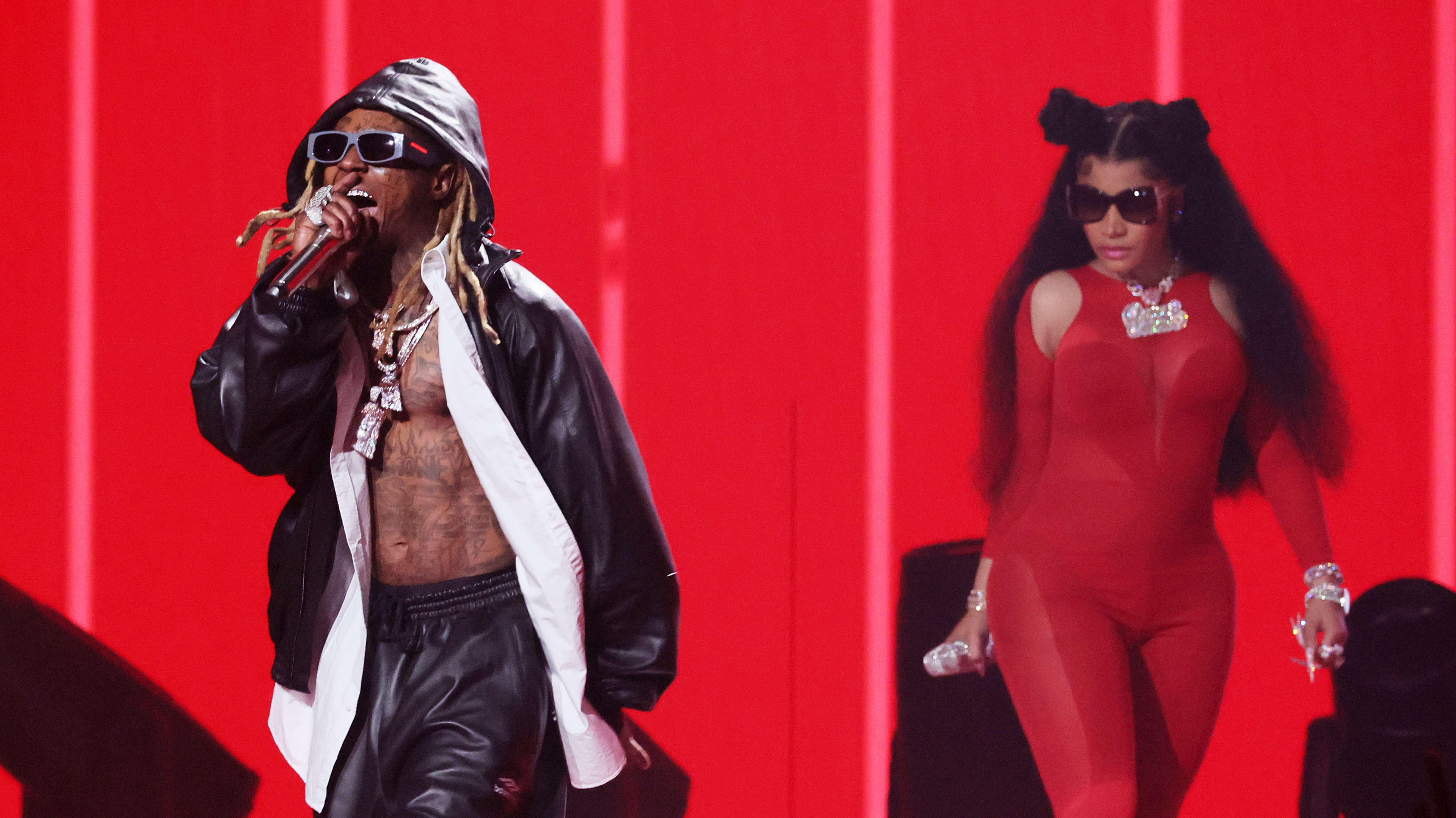 NEWARK, NEW JERSEY - SEPTEMBER 12: (L-R) Lil Wayne and Nicki Minaj perform onstage at the 2023 MTV Video Music Awards on September 12, 2023 in Newark, New Jersey.