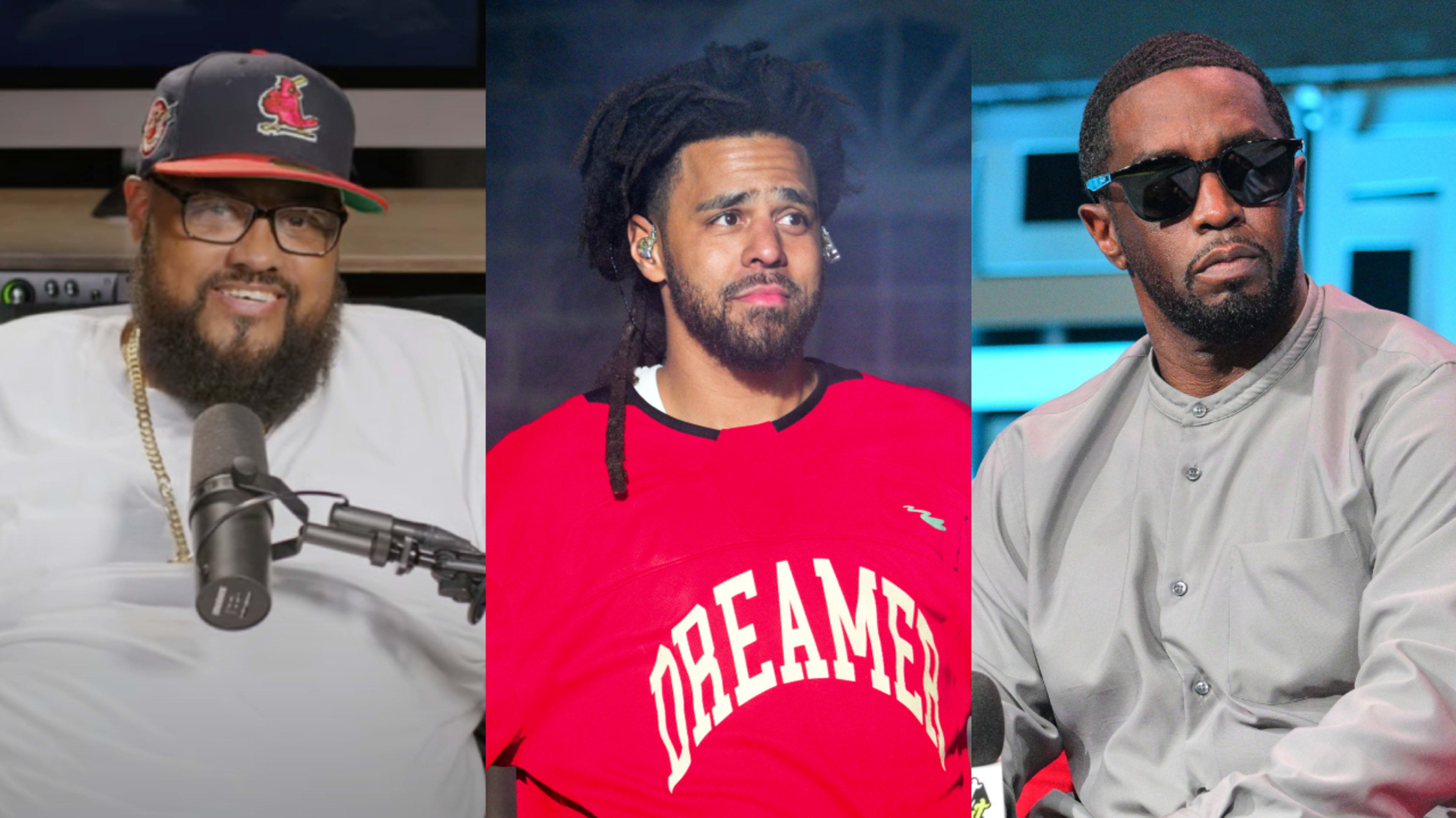 Split image. Left: TDE Punch. Center: J. Cole. Right: Diddy.