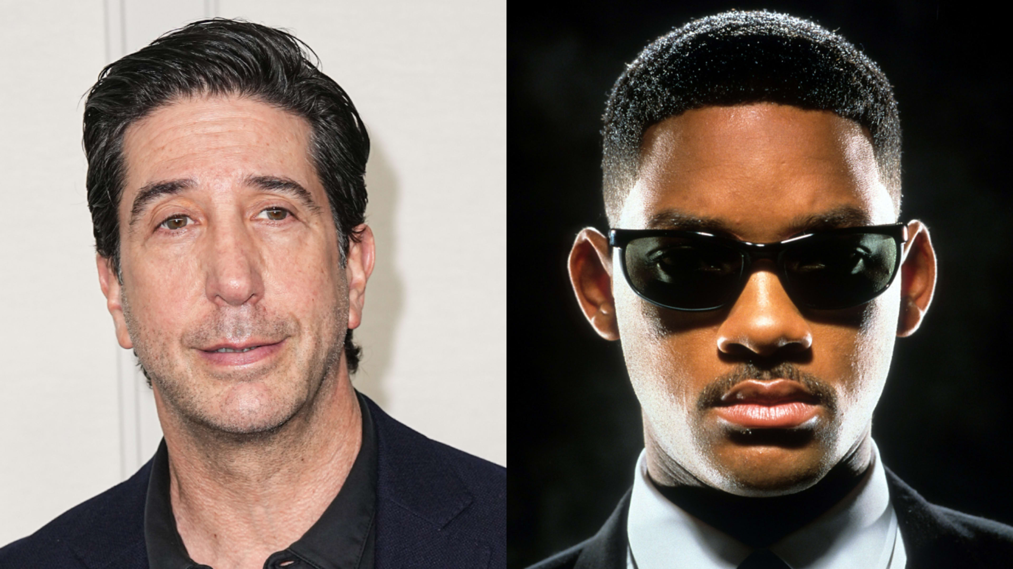 Split image. Left: David Schwimmer. Right: Will Smith posing for "Men in Black"